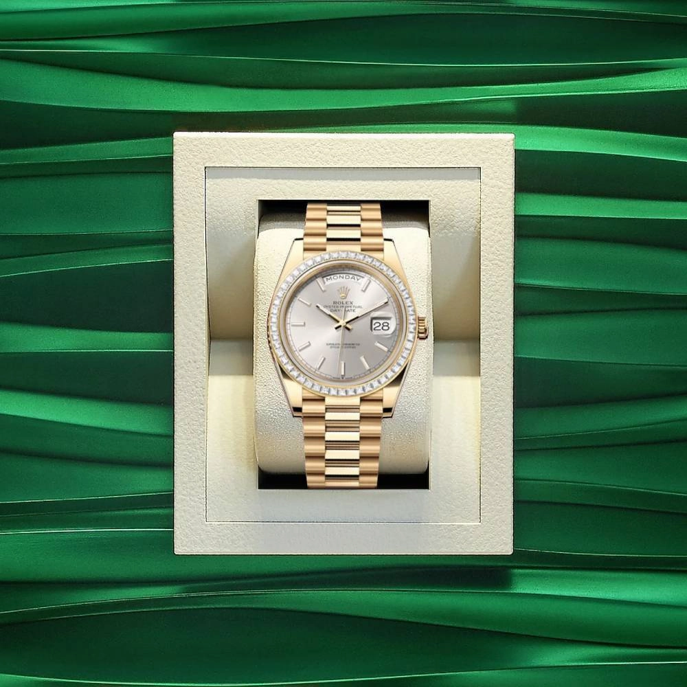 Rolex Day Date 40mm - Ref: 228398TBR - Silver Stick Dial & Diamond Bezel, 18K Yellow Gold President Bracelet Men's Watch