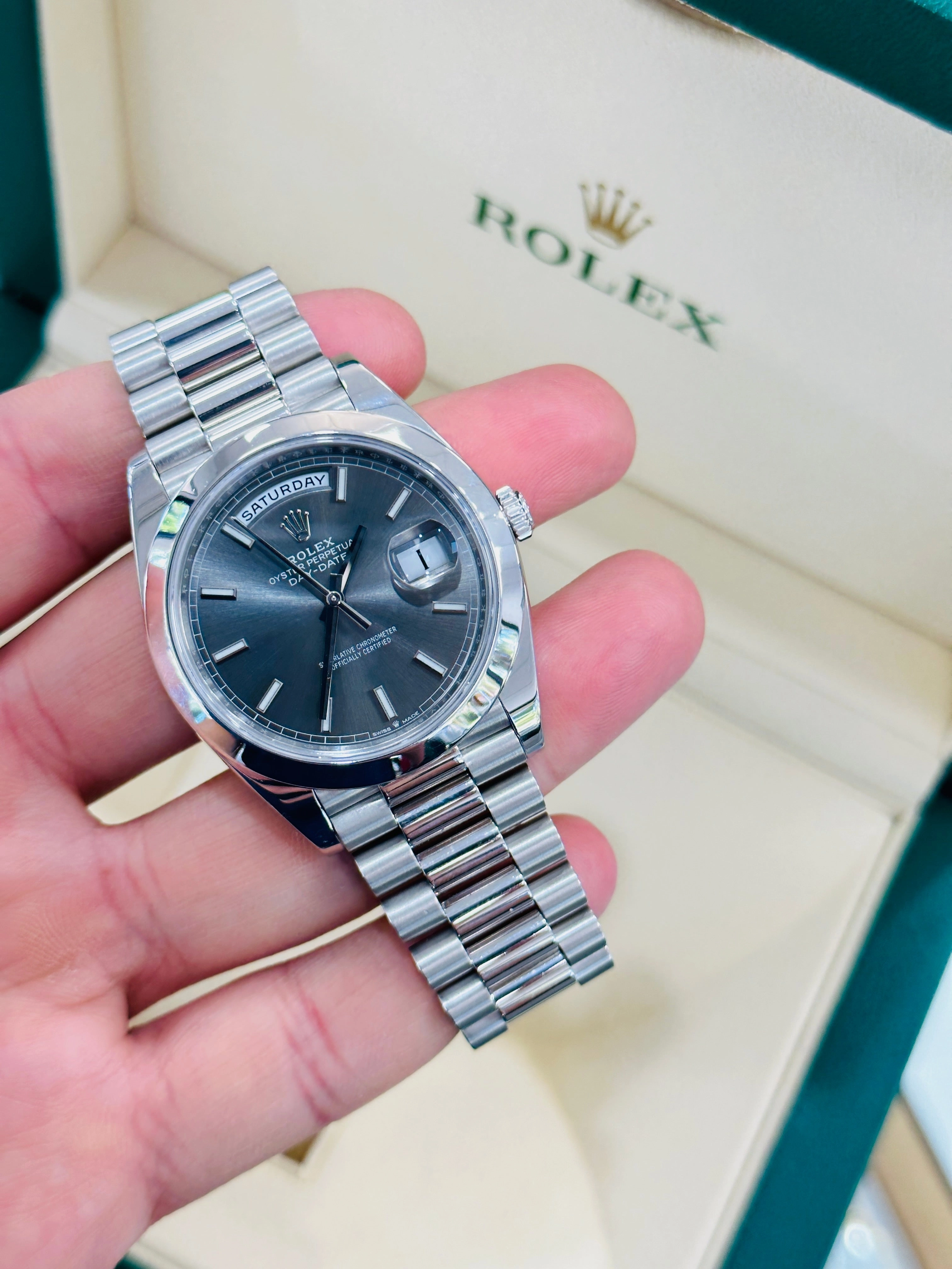 Rolex Day-Date 40mm Platinum 228206 Grey PreOwned