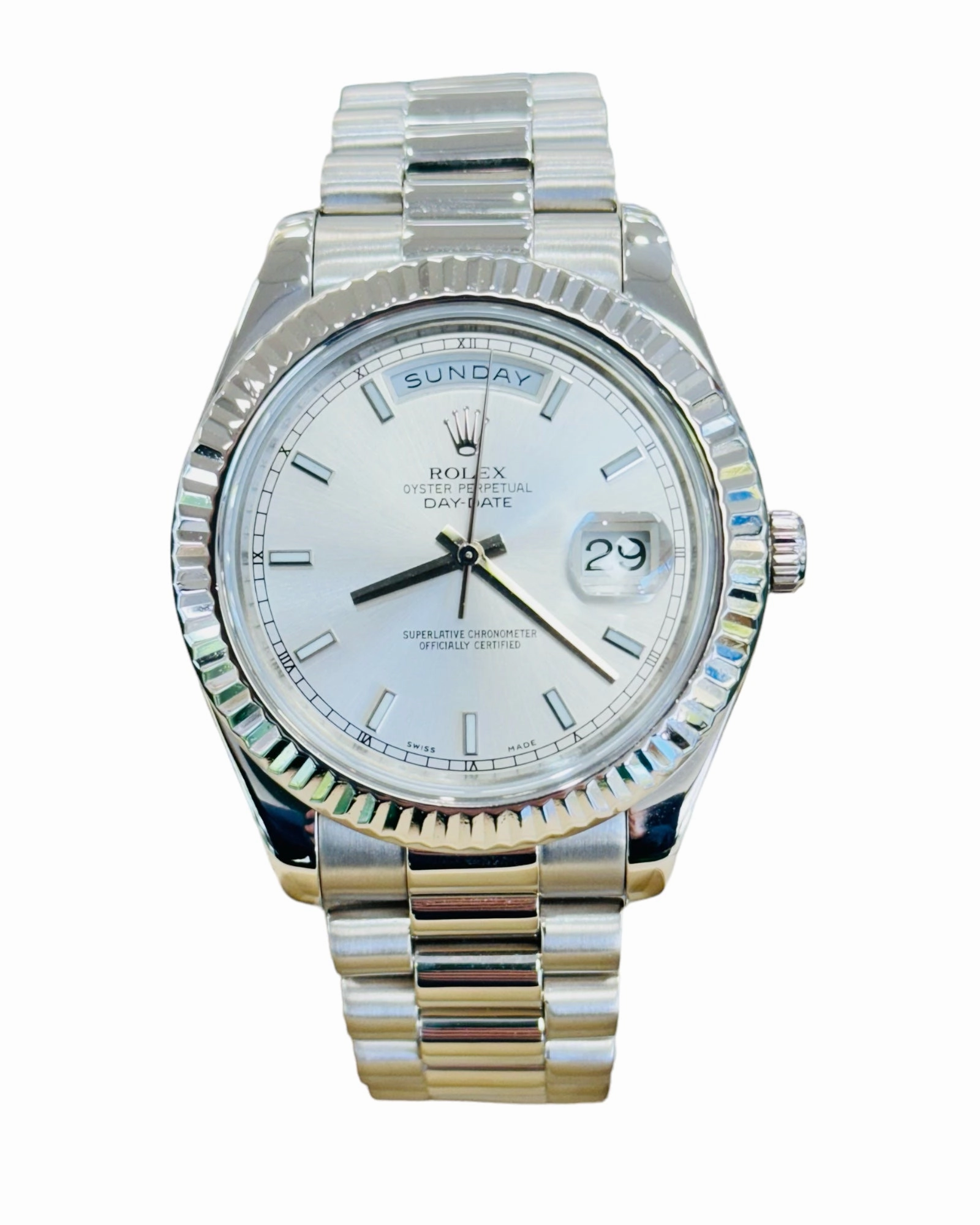 Rolex Day-Date II 218239 41 Fluted Bezel Silver Dial 18K White Gold Presidential Band Discontinued MINT
