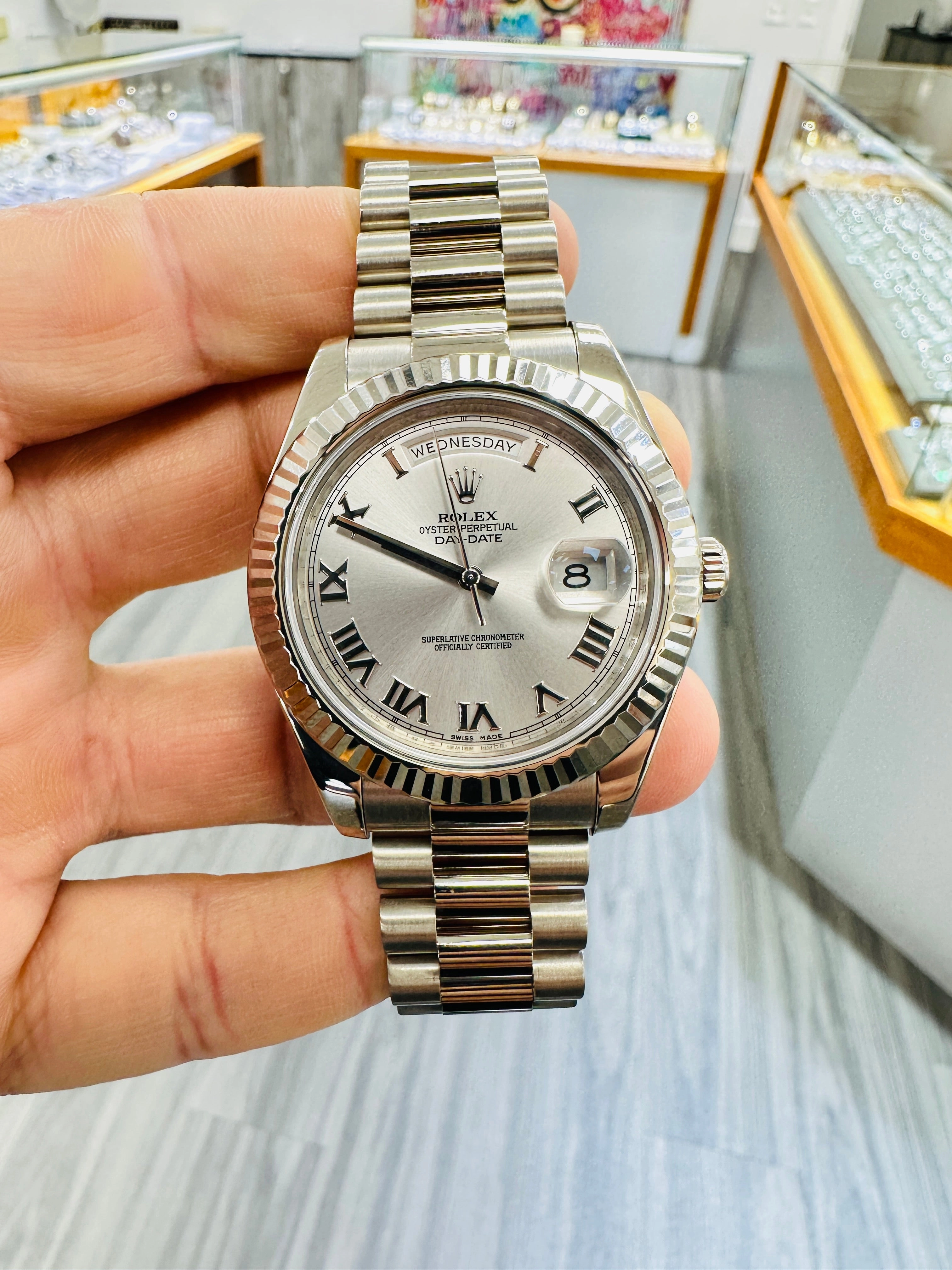 Rolex Day-Date II 41 President Day-Date II White Gold Silver Roman Dial 218239 Box & Papers