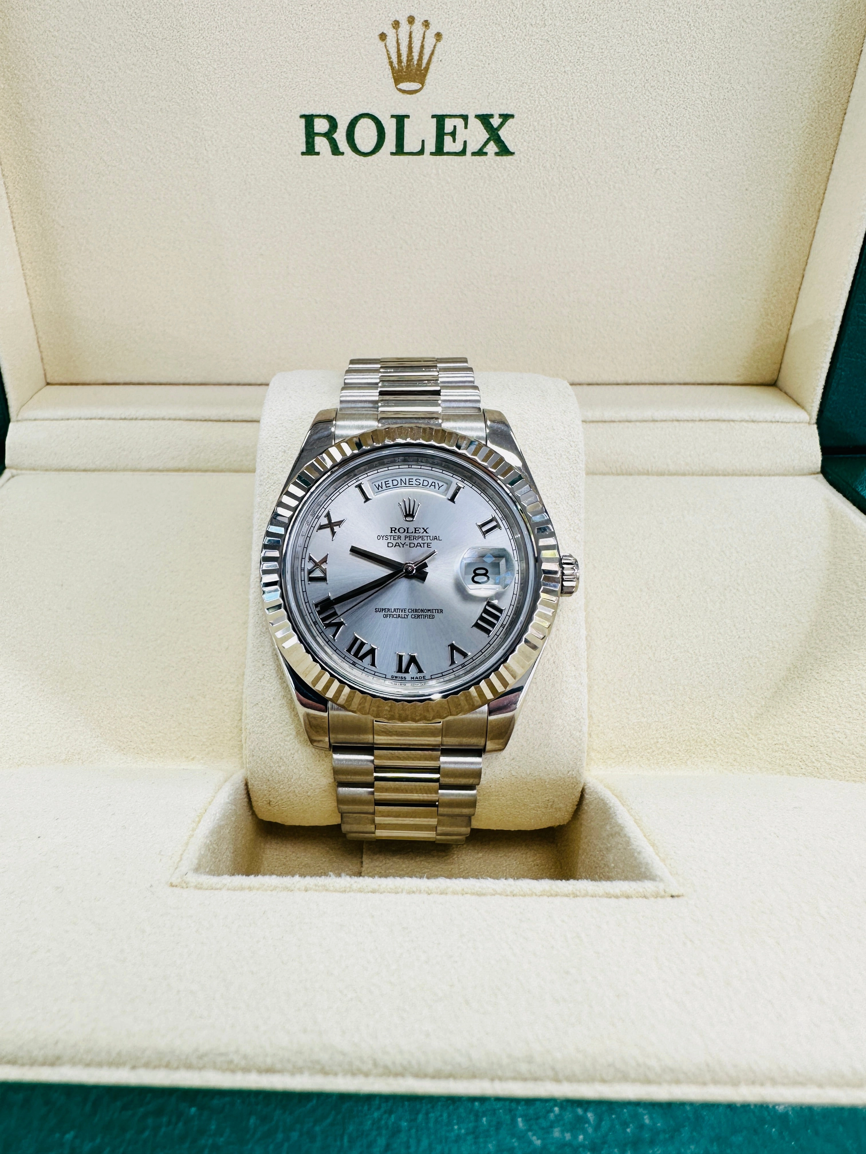 Rolex Day-Date II 41 President Day-Date II White Gold Silver Roman Dial 218239 Box & Papers
