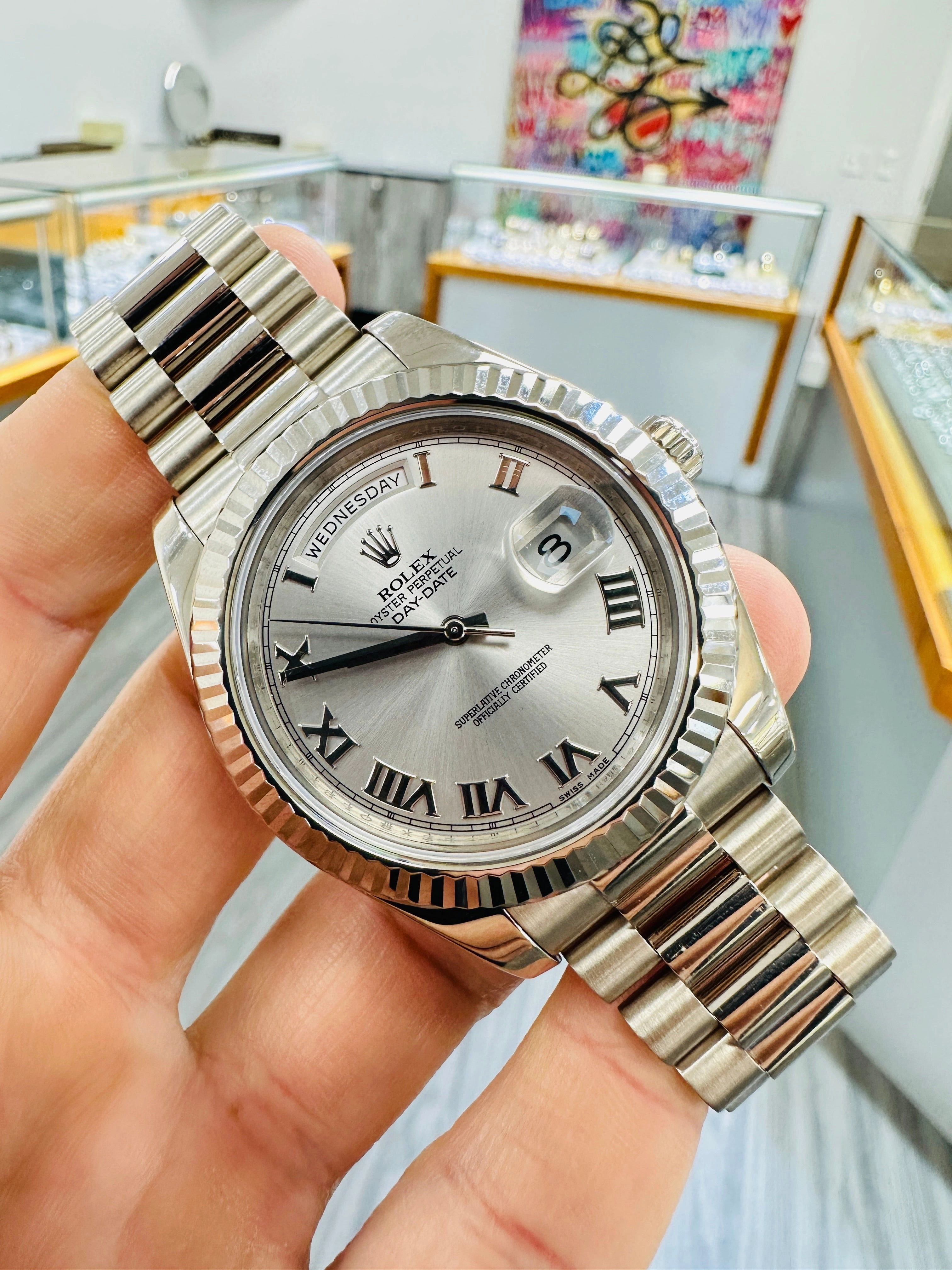 Rolex Day-Date II 41 President Day-Date II White Gold Silver Roman Dial 218239 Box & Papers
