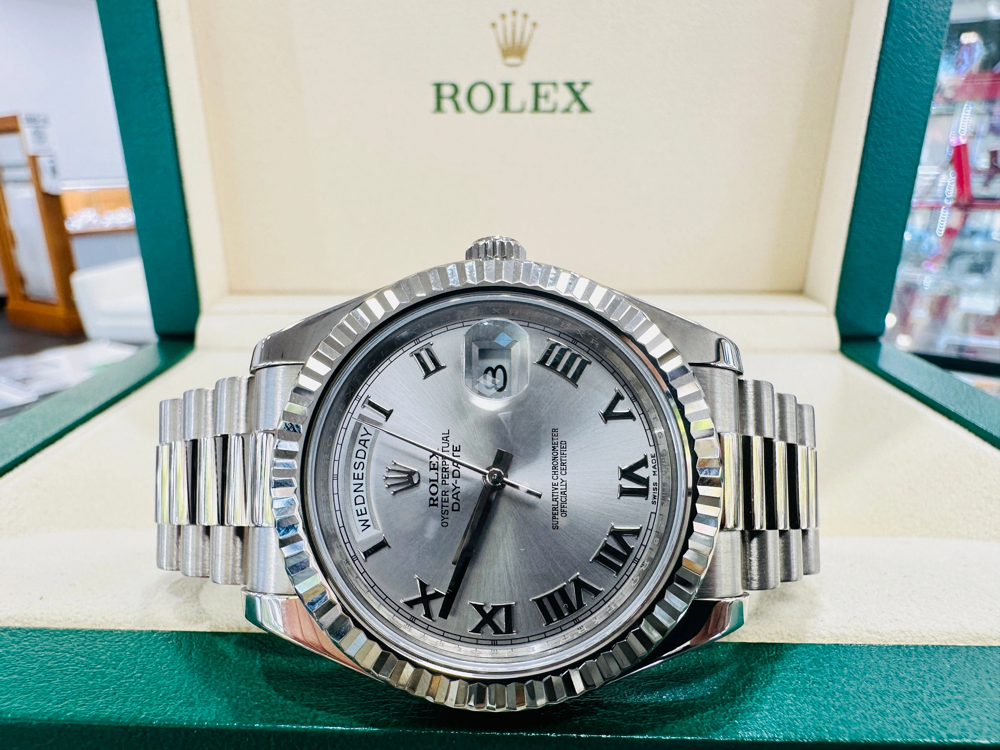 Rolex Day-Date II 41 President Day-Date II White Gold Silver Roman Dial 218239 Box & Papers