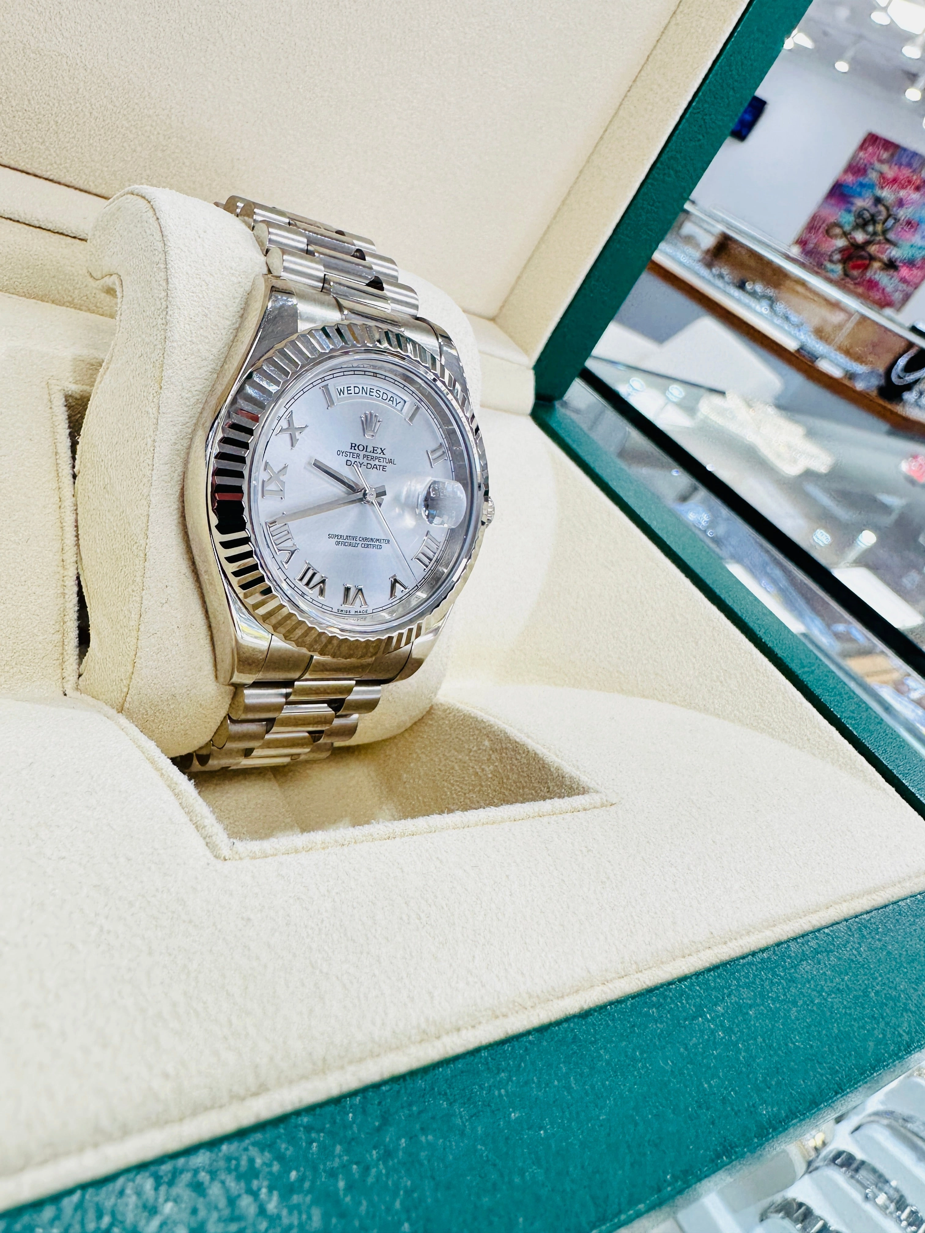 Rolex Day-Date II 41 President Day-Date II White Gold Silver Roman Dial 218239 Box & Papers
