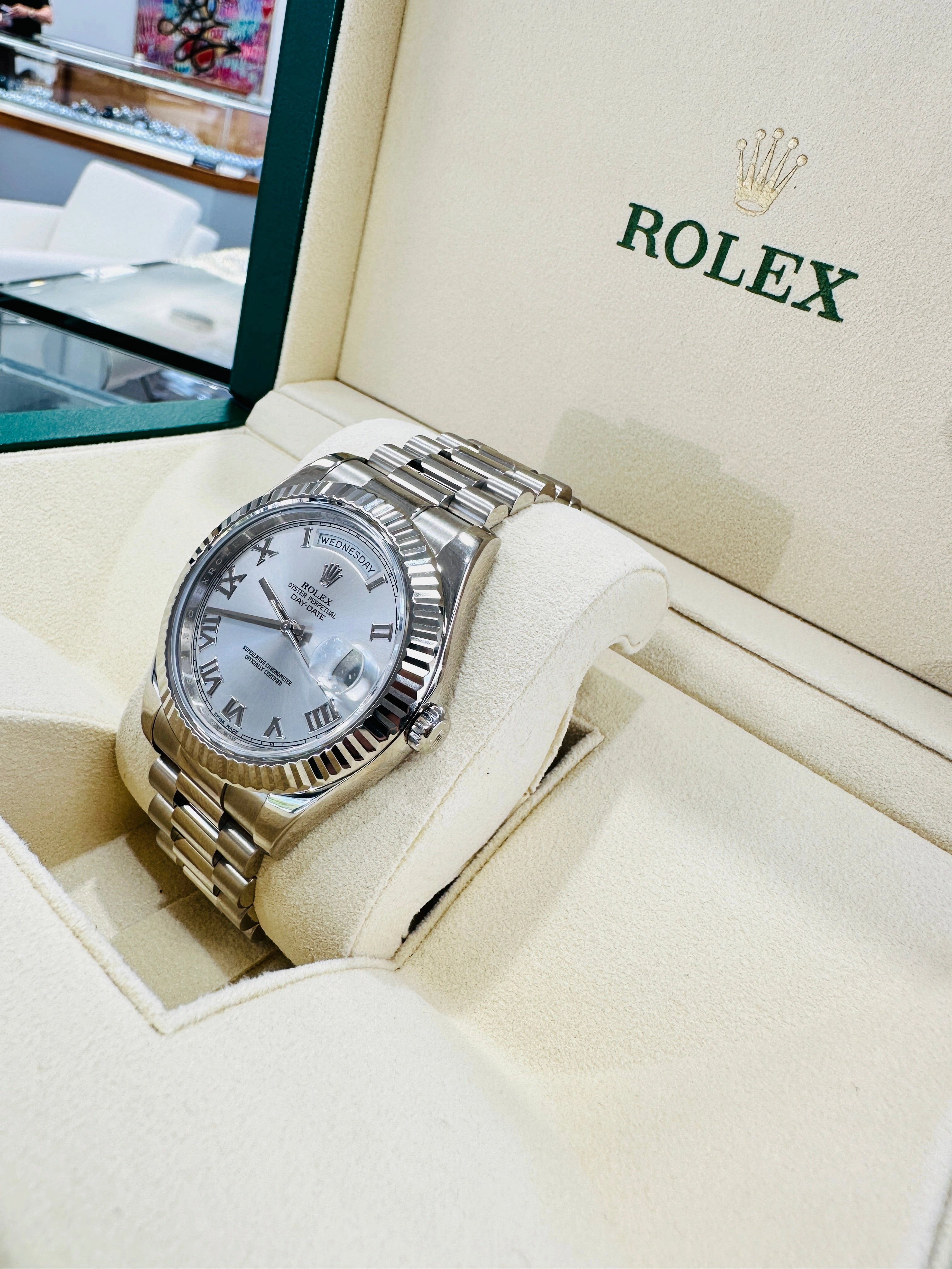 Rolex Day-Date II 41 President Day-Date II White Gold Silver Roman Dial 218239 Box & Papers