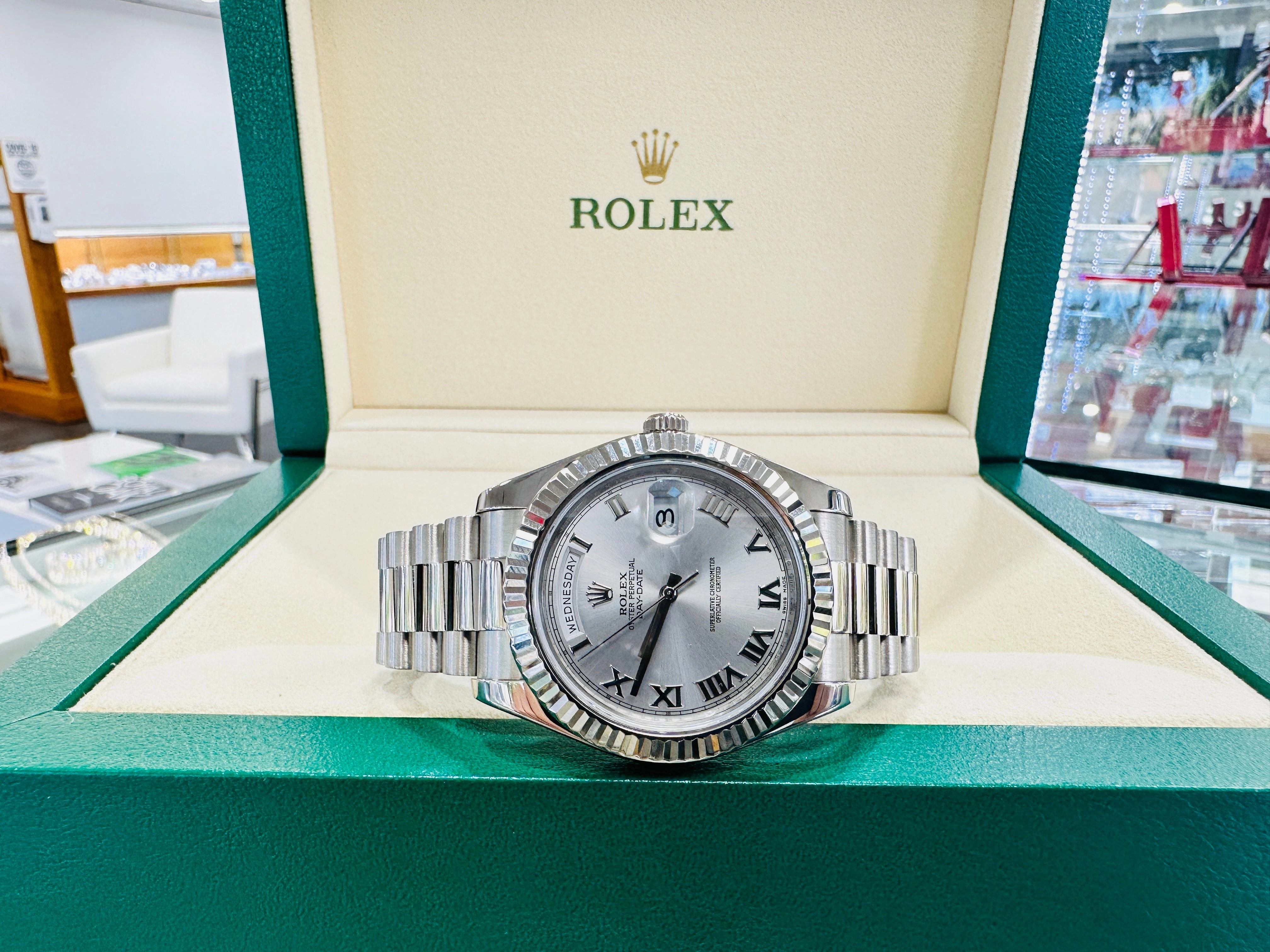 Rolex Day-Date II 41 President Day-Date II White Gold Silver Roman Dial 218239 Box & Papers