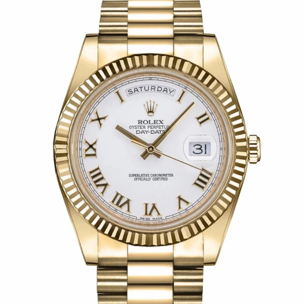 Rolex Day Date II 41mm - Ref: 218238 - White Roman Dial & Fluted Bezel, 18K Yellow Gold President Bracelet Men's Watch