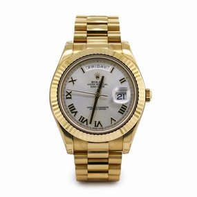 Rolex Day Date II 41mm - Ref: WAT-165011 - White Roman Dial & Fluted Bezel, 18K Yellow Gold President Bracelet Men's Watch