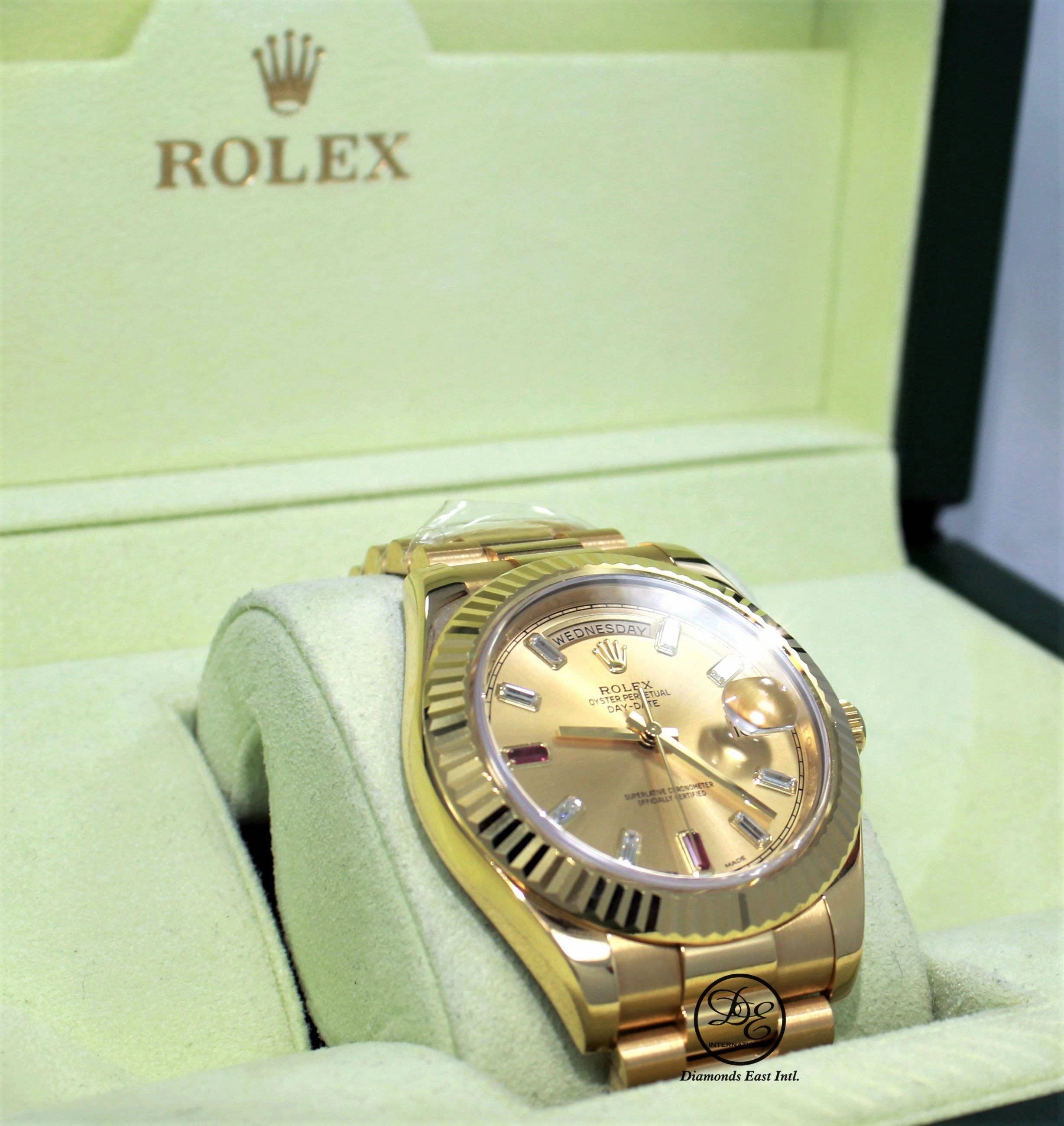 Rolex Day-Date II President 218238 18K Yellow Gold Fact Ruby & Diamond Dial BOX/PAPERS