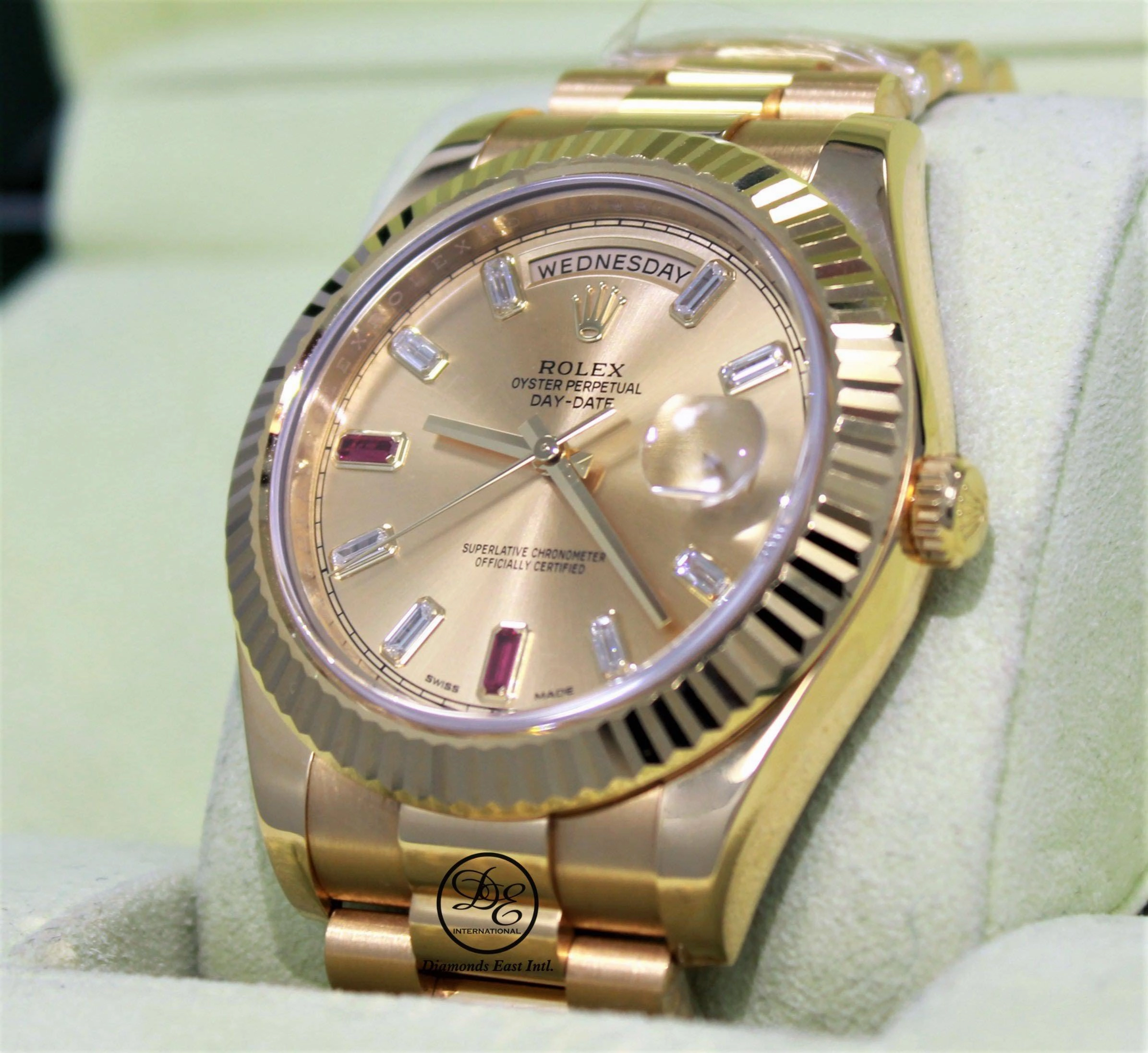 Rolex Day-Date II President 218238 18K Yellow Gold Fact Ruby & Diamond Dial BOX/PAPERS