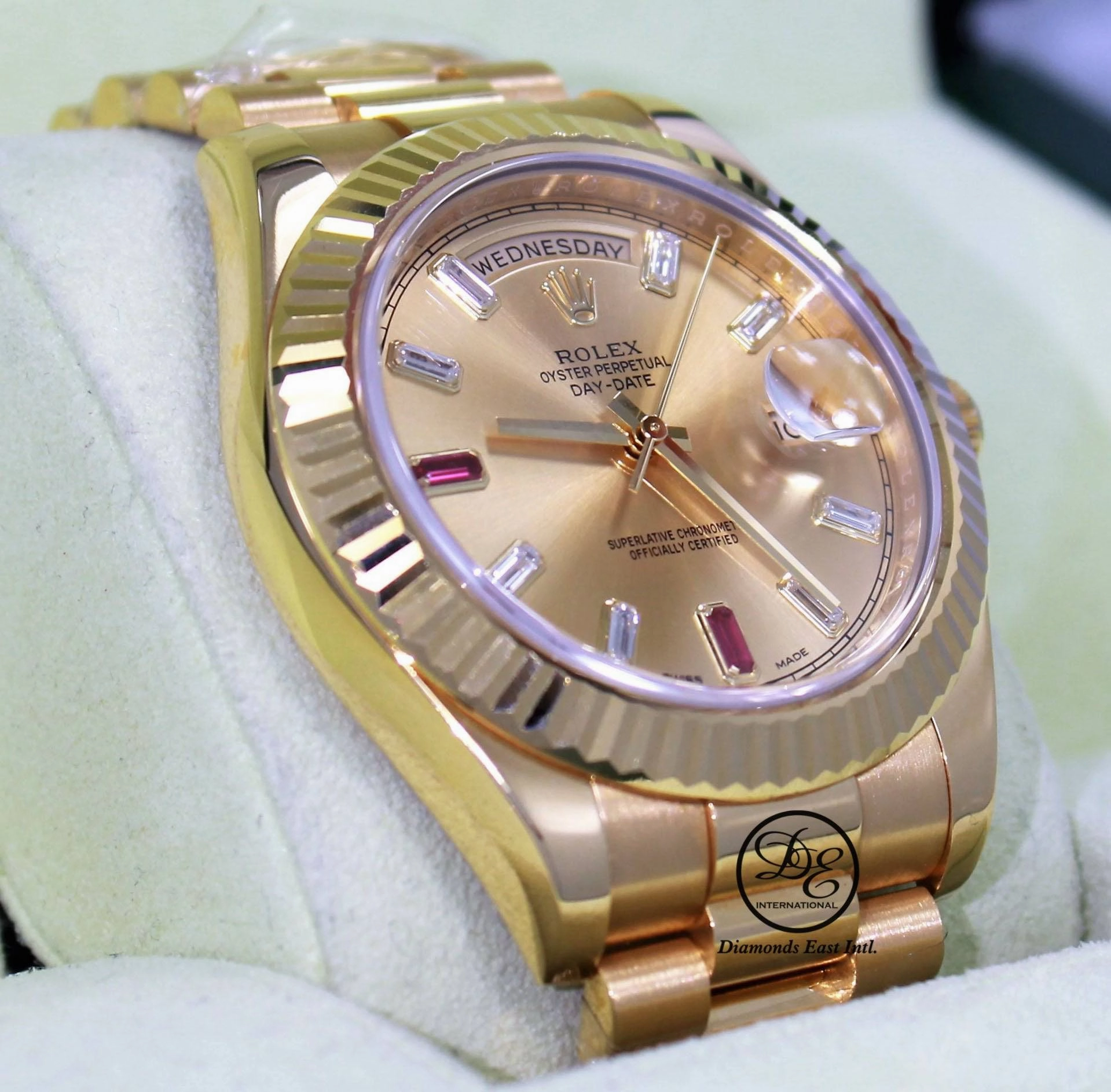 Rolex Day-Date II President 218238 18K Yellow Gold Fact Ruby & Diamond Dial BOX/PAPERS