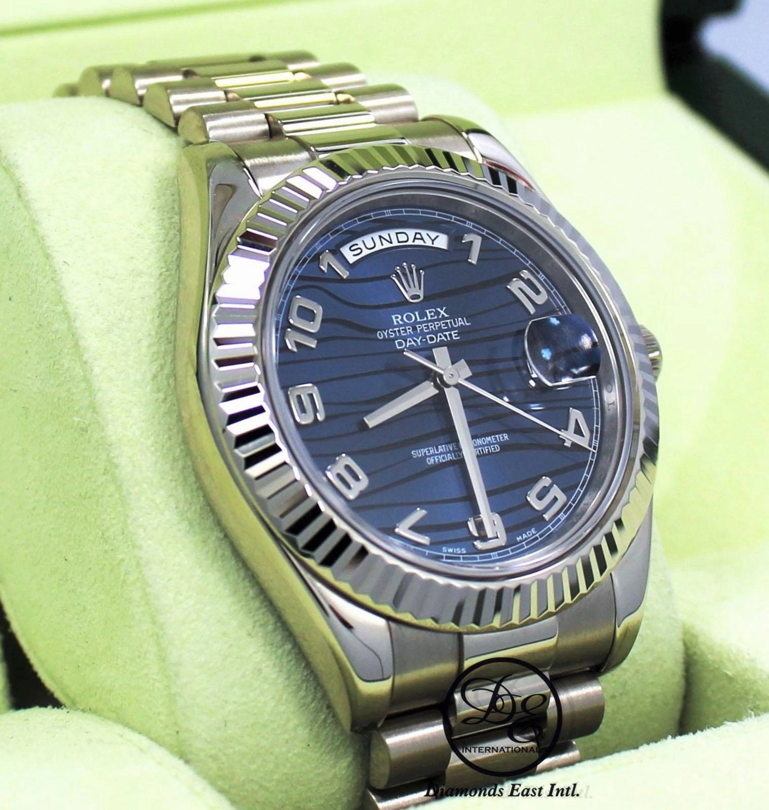 Rolex DAY DATE II President 218239 18k White Gold Rare Blue Wave Dial BOX & PAPERS