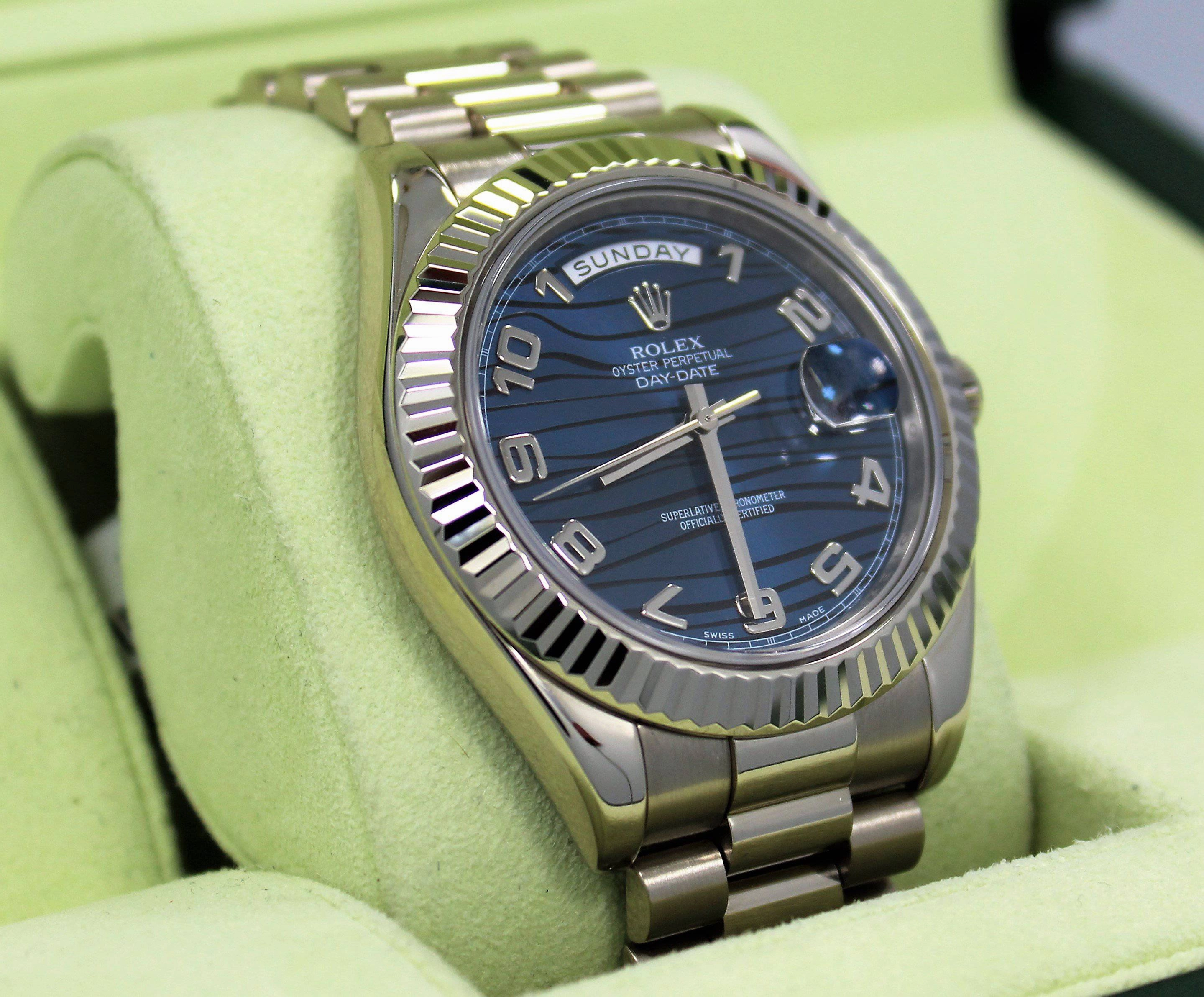 Rolex DAY DATE II President 218239 18k White Gold Rare Blue Wave Dial BOX & PAPERS