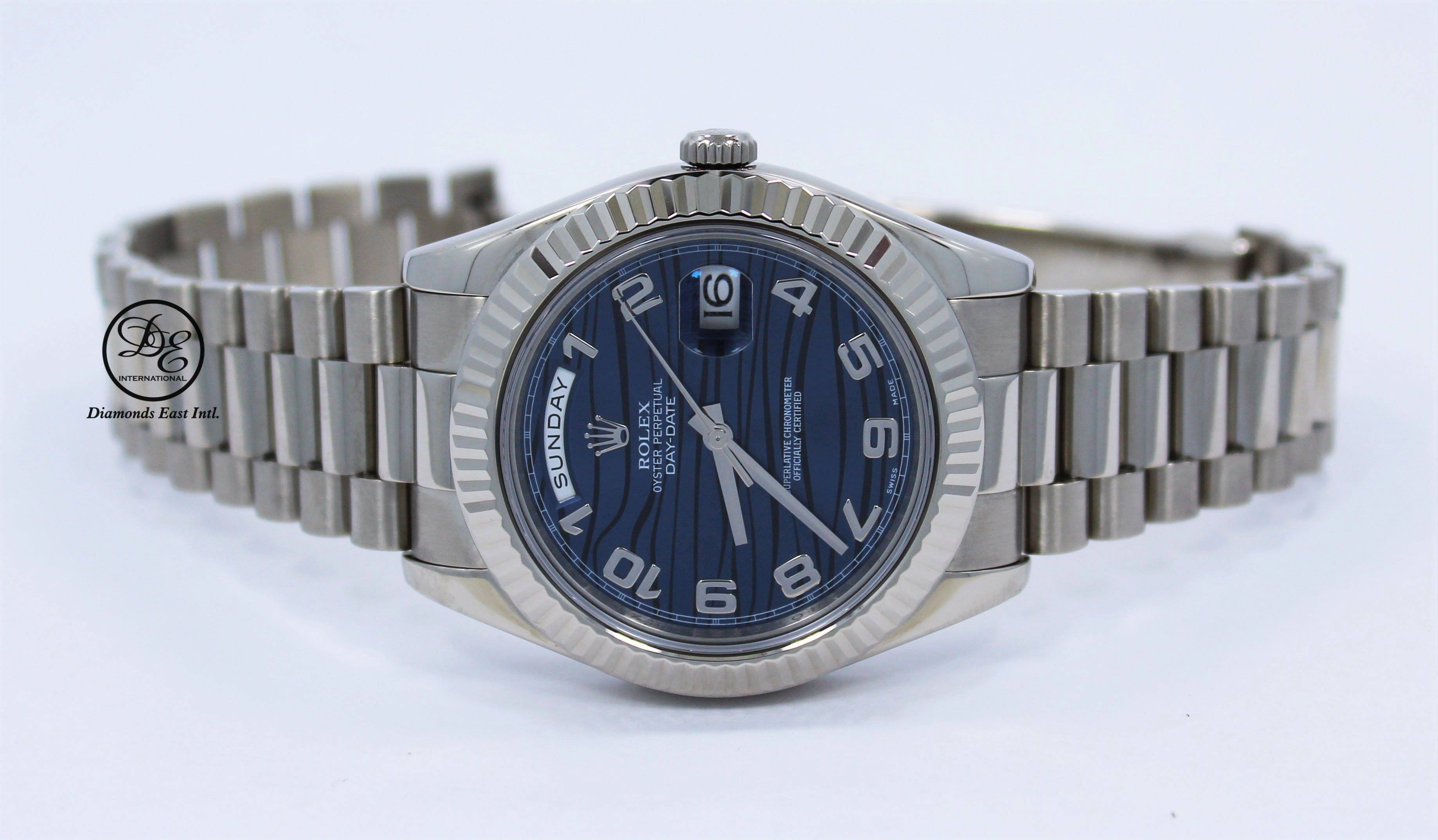 Rolex DAY DATE II President 218239 18k White Gold Rare Blue Wave Dial BOX & PAPERS