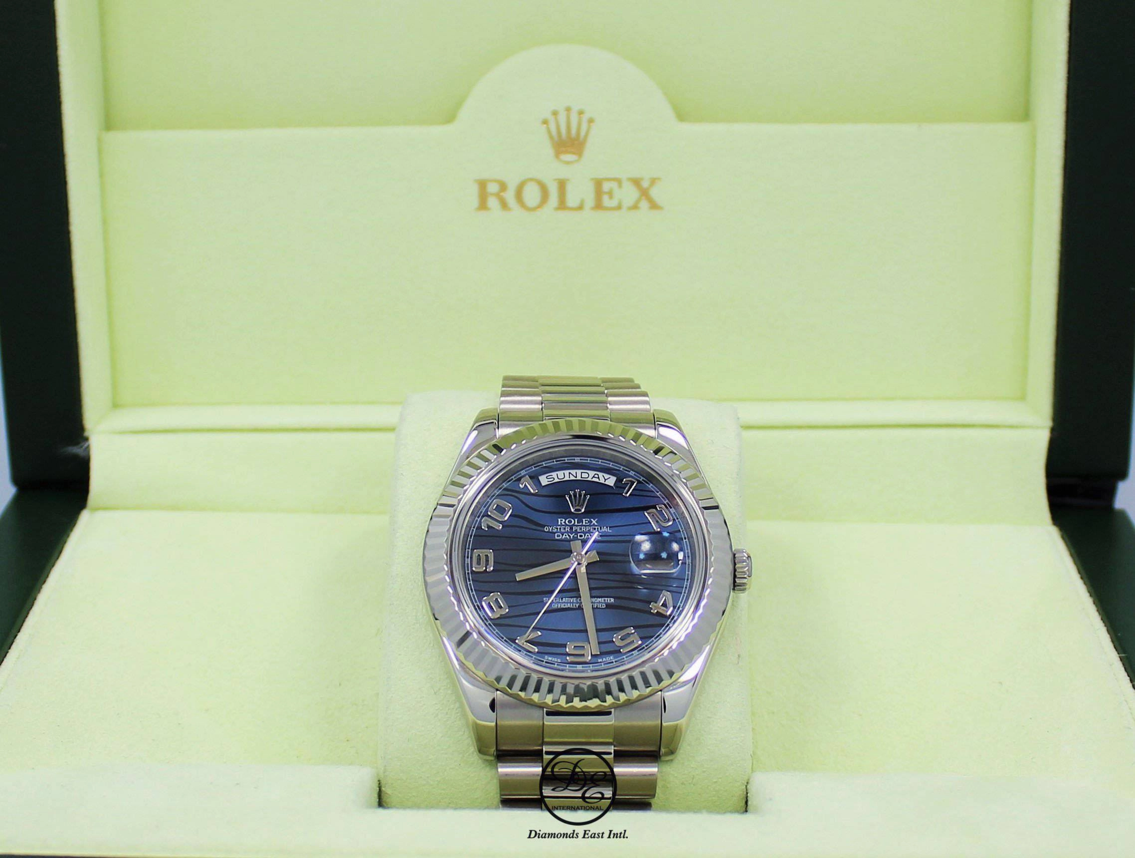 Rolex DAY DATE II President 218239 18k White Gold Rare Blue Wave Dial BOX & PAPERS