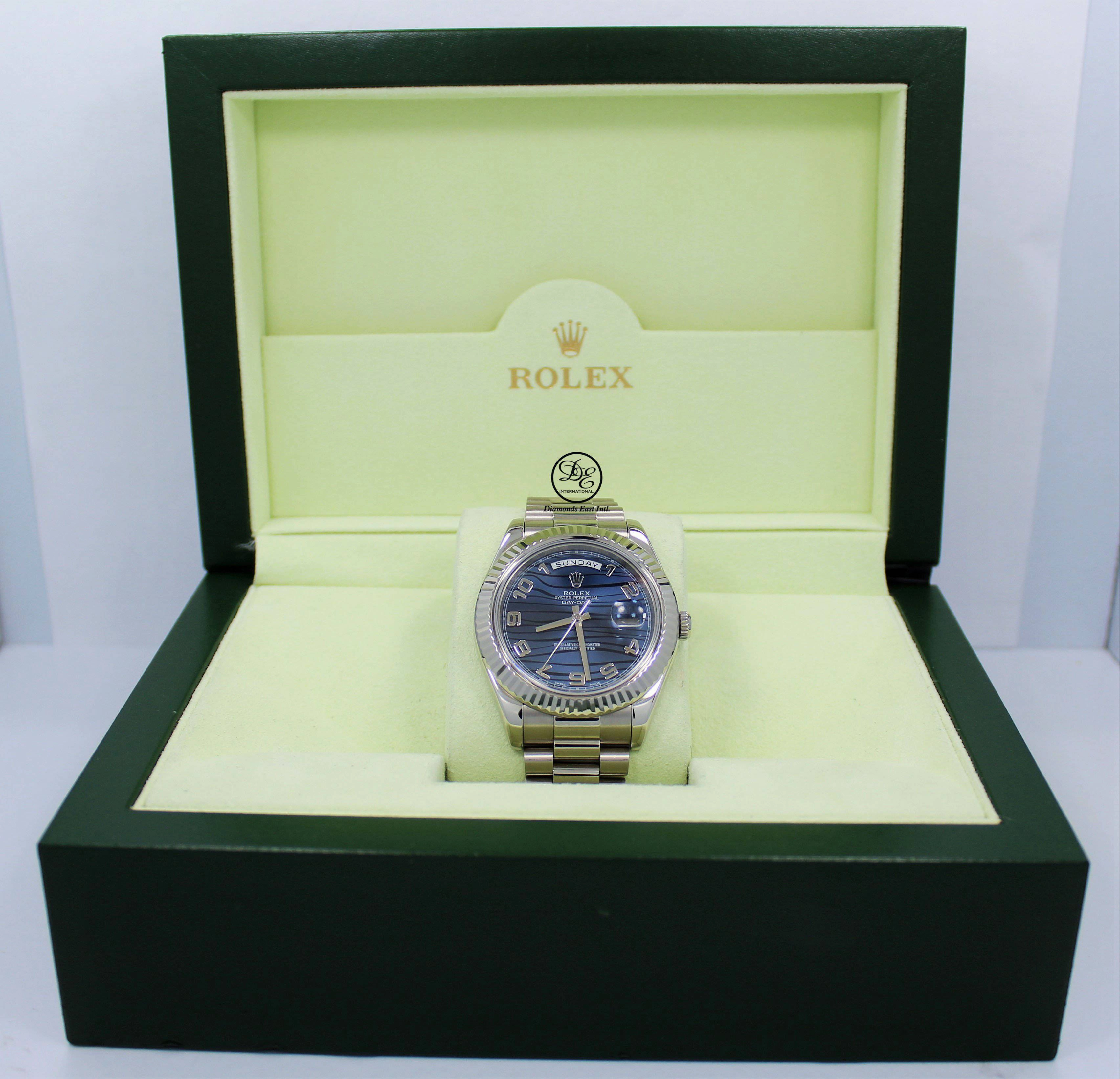 Rolex DAY DATE II President 218239 18k White Gold Rare Blue Wave Dial BOX & PAPERS