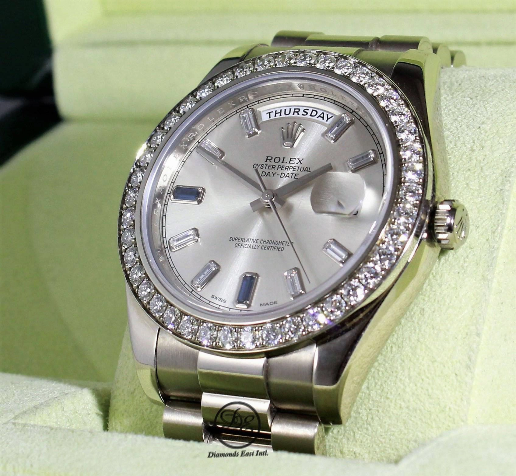 Rolex Day-Date II President 218349 18K White Gold Factory Diamond & Sapphires Dial Bezel BOX/PAPER