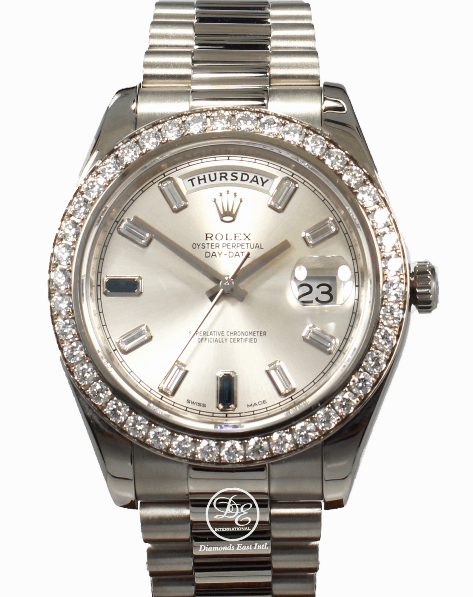 Rolex Day-Date II President 218349 18K White Gold Factory Diamond & Sapphires Dial Bezel BOX/PAPER