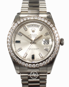 Rolex Day-Date II President 218349 18K White Gold Factory Diamond & Sapphires Dial Bezel BOX/PAPER