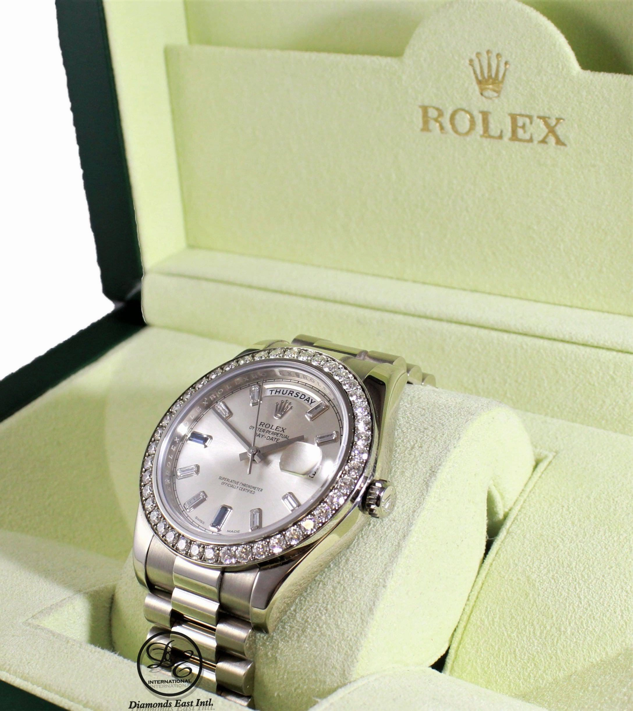 Rolex Day-Date II President 218349 18K White Gold Factory Diamond & Sapphires Dial Bezel BOX/PAPER