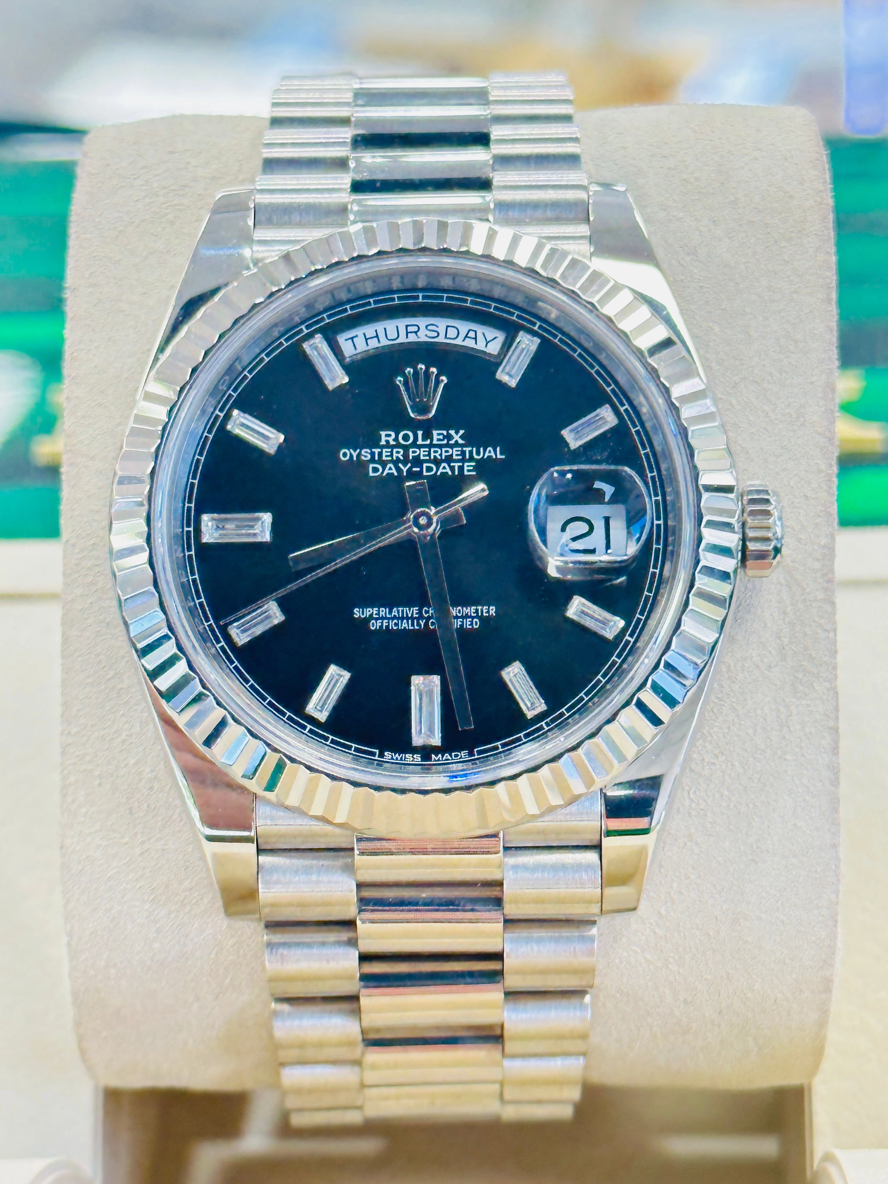 Rolex Day-Date President 18k White Gold 40mm 228239 Factory Diamond Baguettes Dial Watch Box and Papers MINT