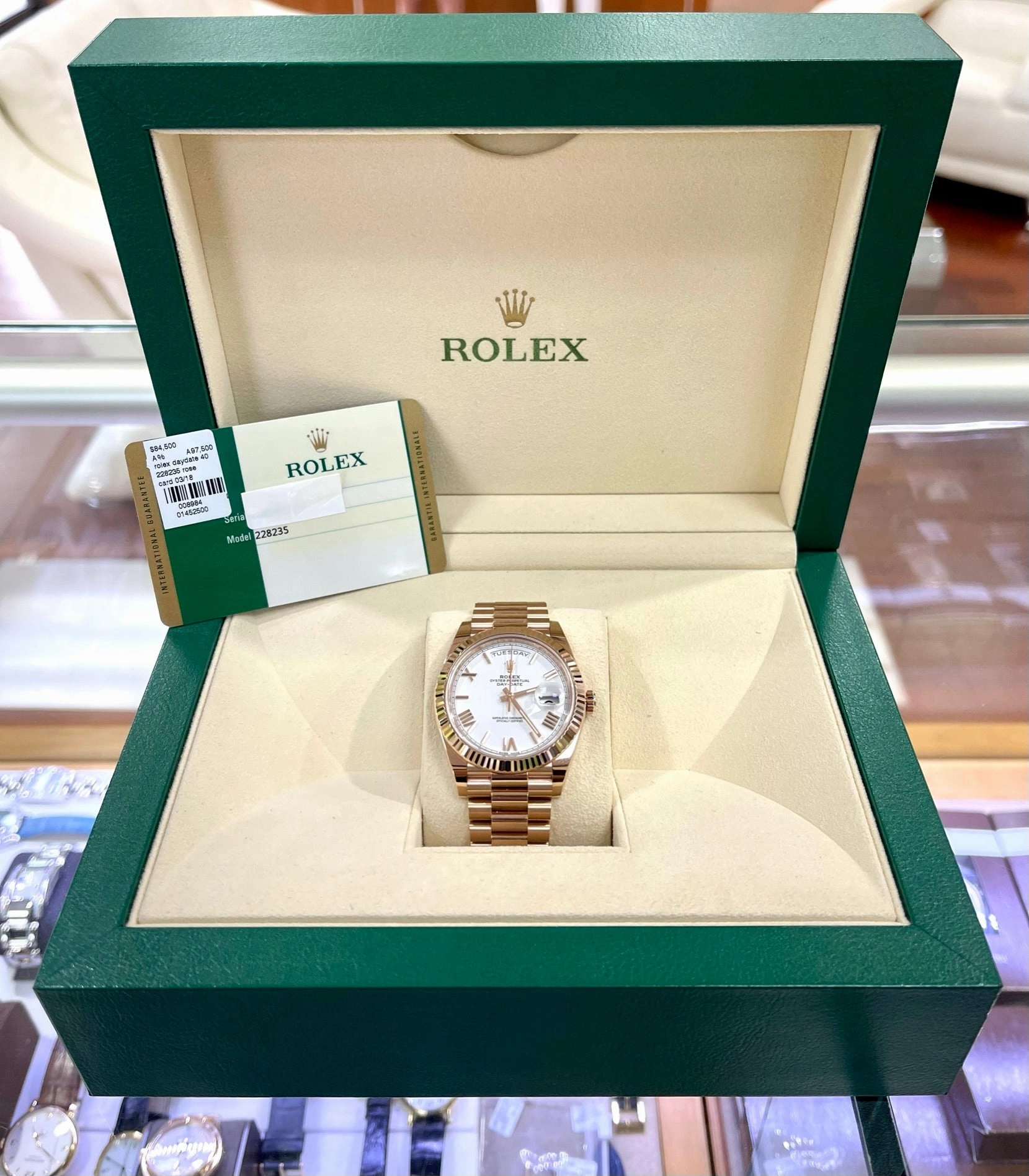 Rolex Day-Date President 40mm White Roman 228235 Rose Gold Box And Papers Preowned