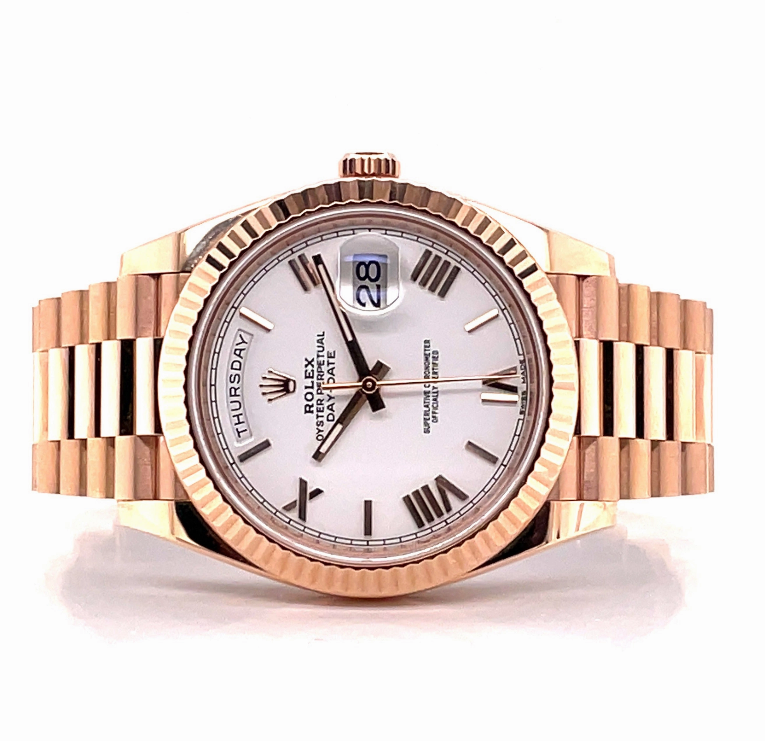 Rolex Day-Date President 40mm White Roman 228235 Rose Gold Box And Papers Preowned