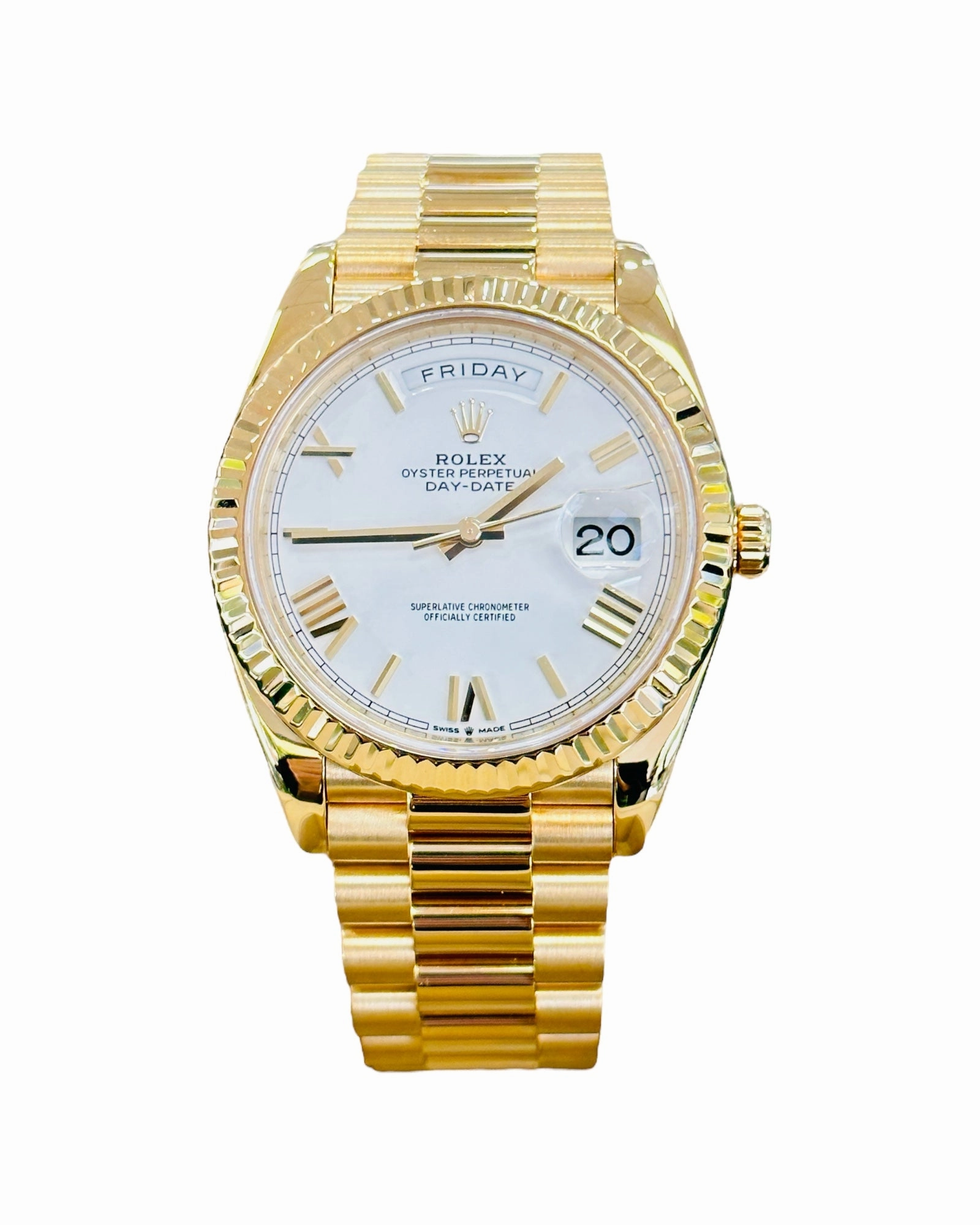 Rolex DayDate 40 18K Yellow Gold 228238 White Roman Dial Box and Papers MINT