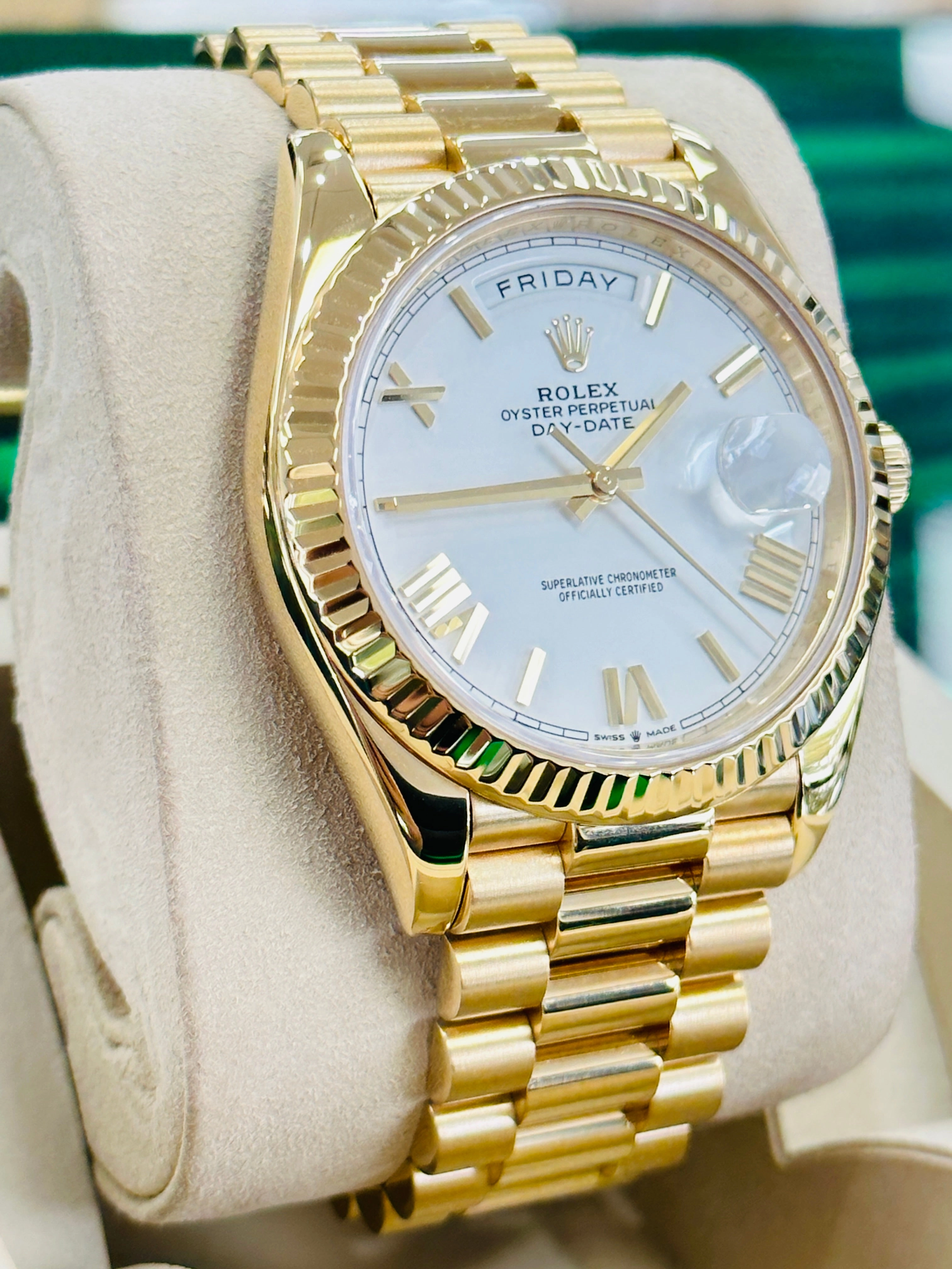 Rolex DayDate 40 18K Yellow Gold 228238 White Roman Dial Box and Papers MINT
