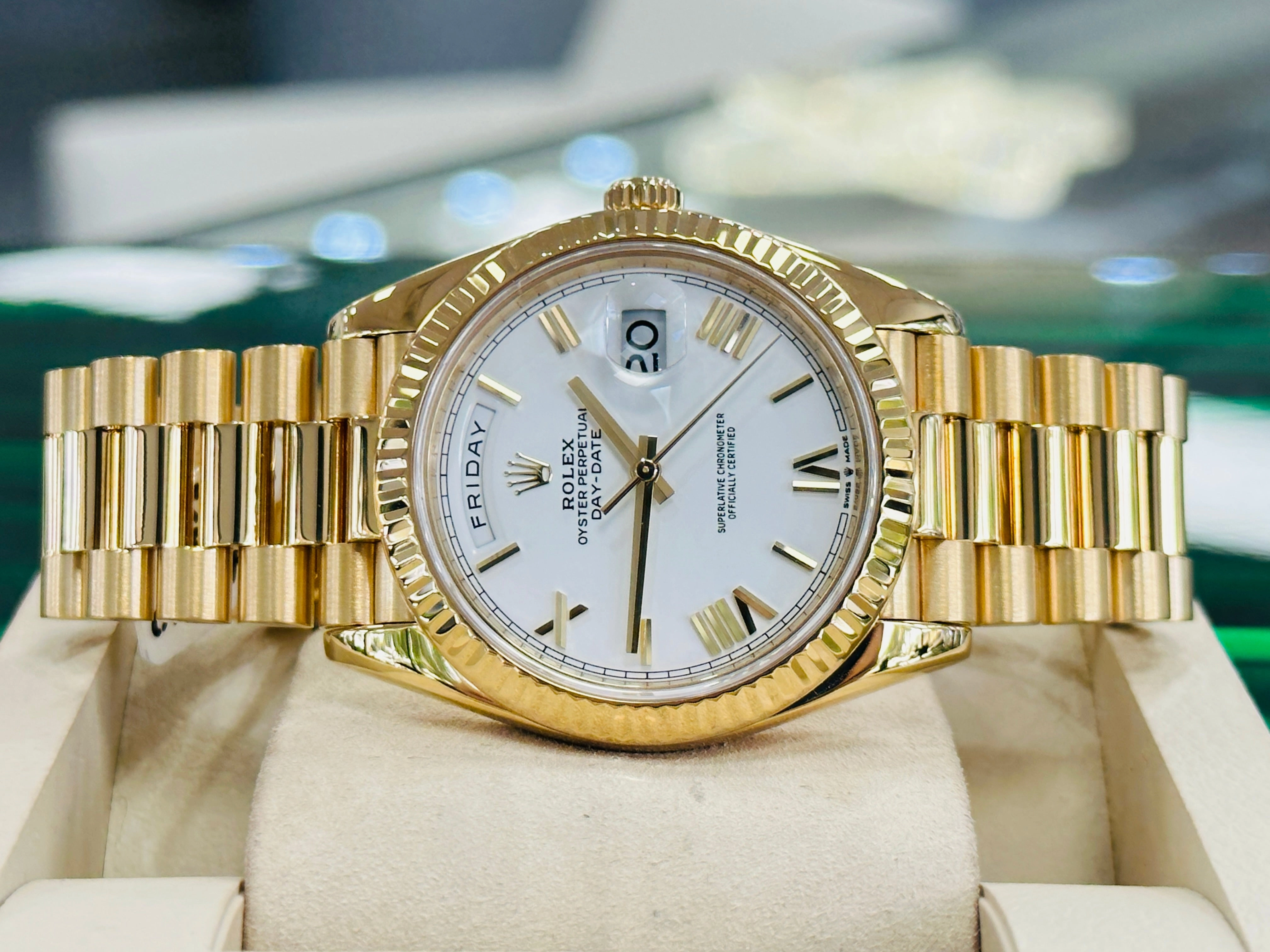 Rolex DayDate 40 18K Yellow Gold 228238 White Roman Dial Box and Papers MINT
