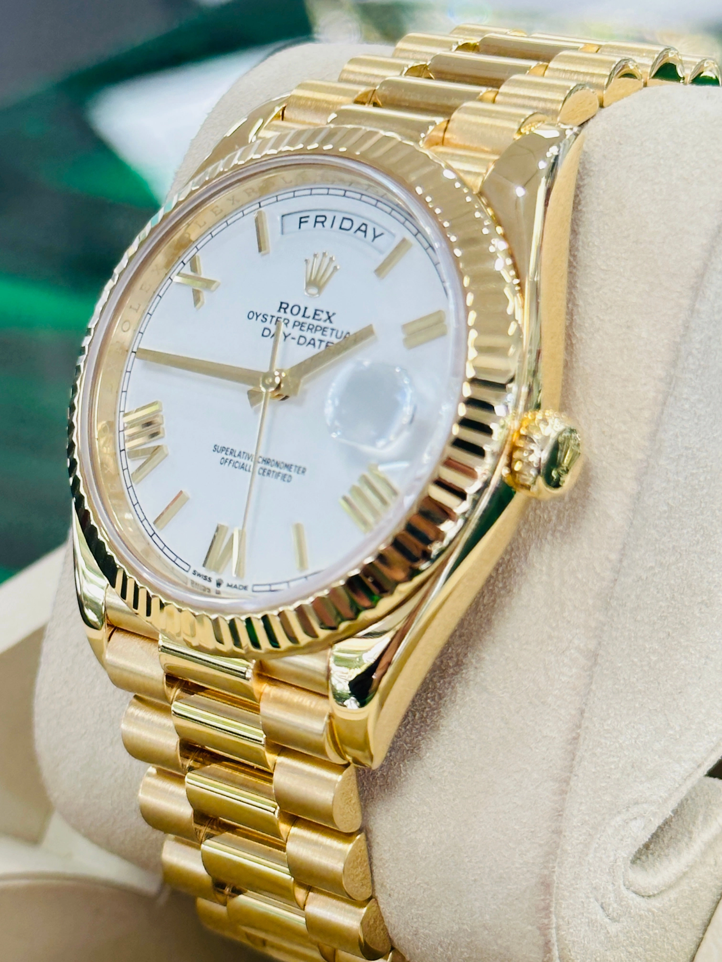 Rolex DayDate 40 18K Yellow Gold 228238 White Roman Dial Box and Papers MINT