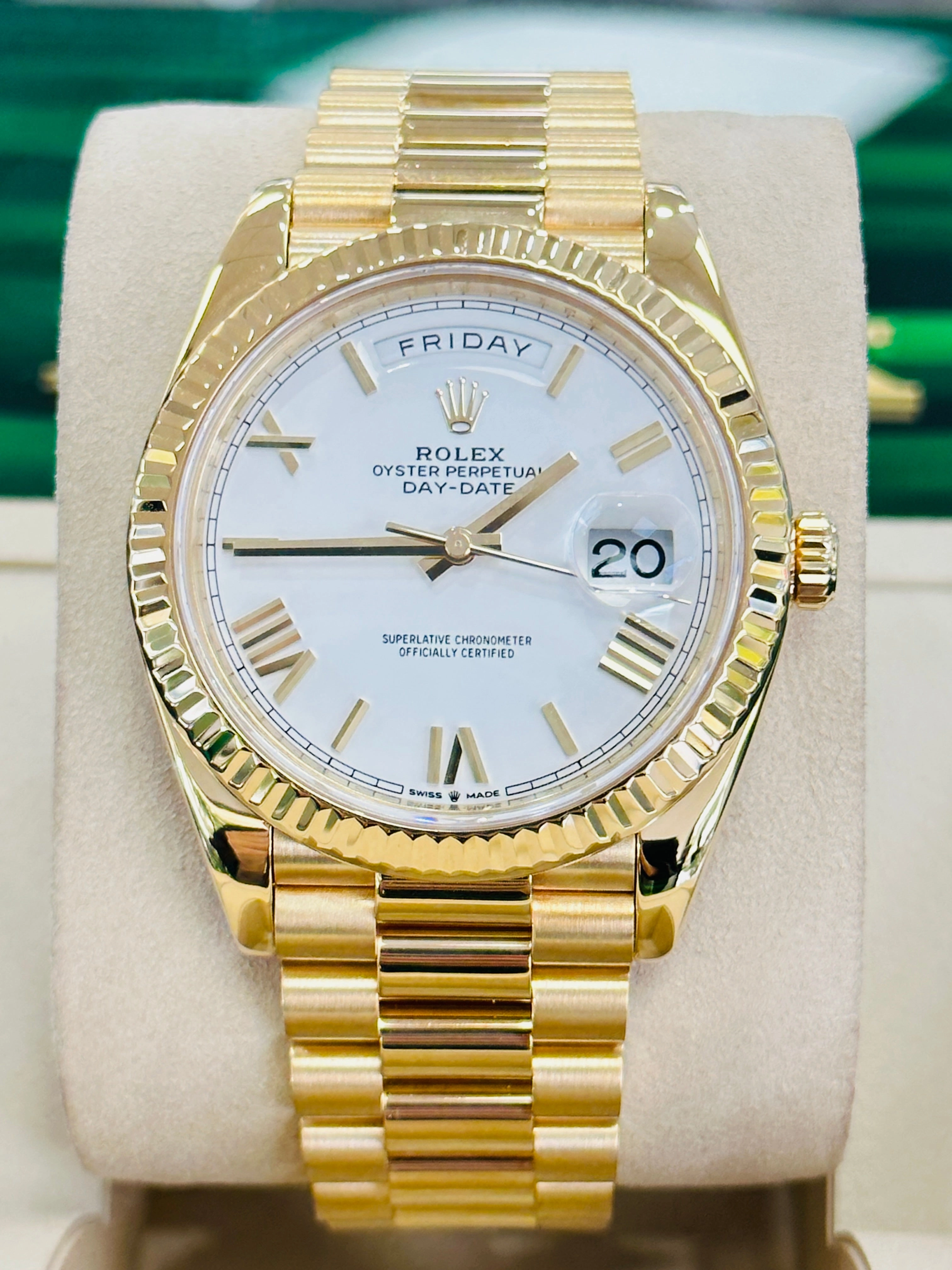 Rolex DayDate 40 18K Yellow Gold 228238 White Roman Dial Box and Papers MINT