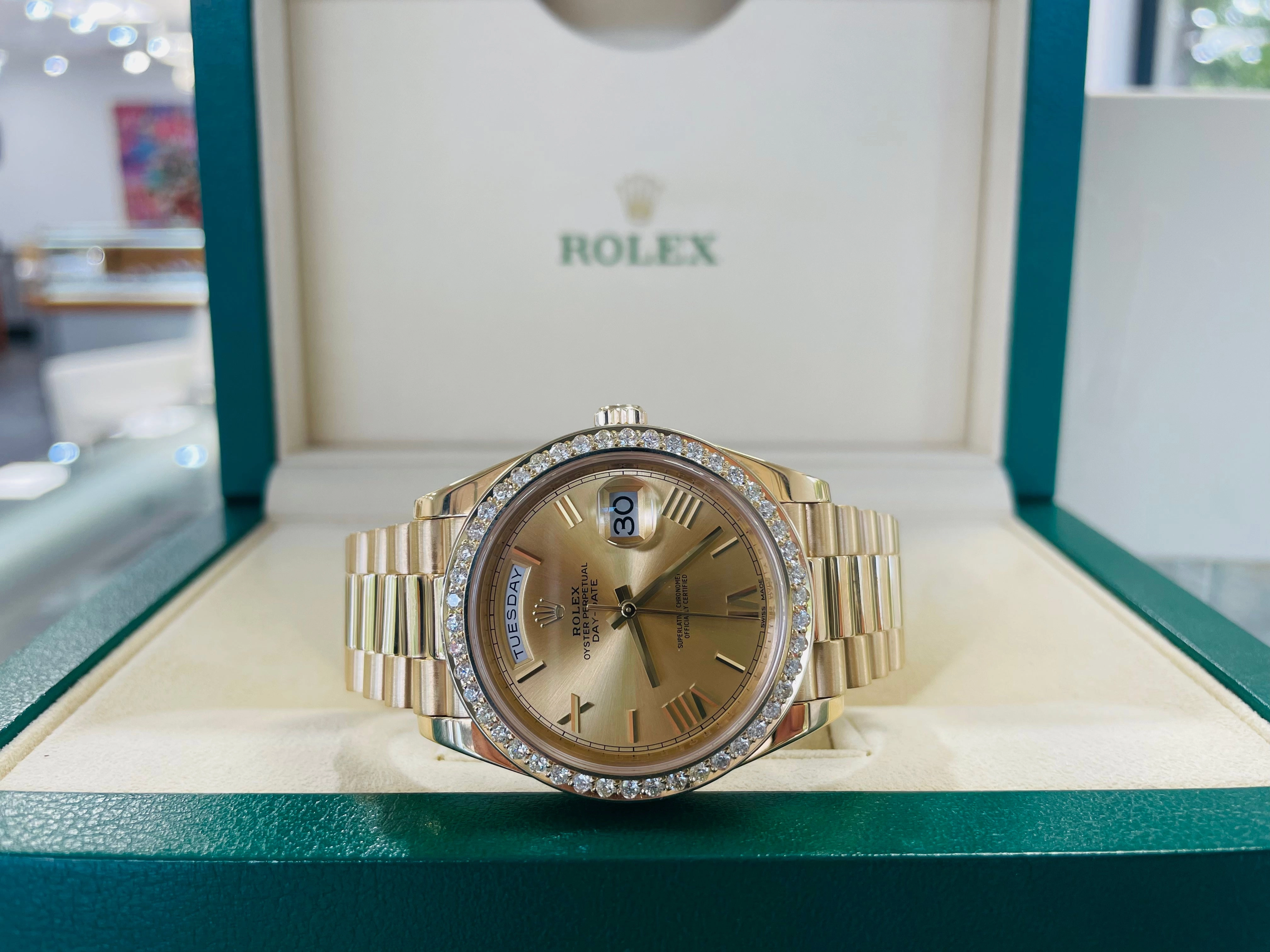Rolex DayDate 40 228238 Champagne Roman  Dial Custom 3.50ct Natural Diamond Bezel Box and Paper PreOwned