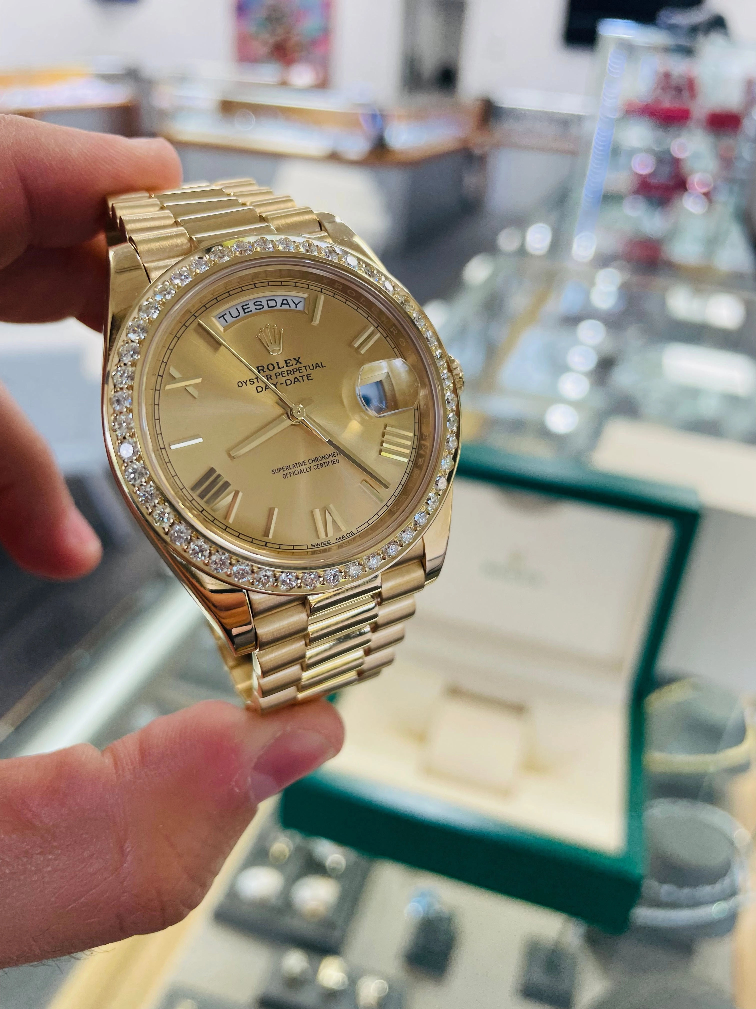 Rolex DayDate 40 228238 Champagne Roman  Dial Custom 3.50ct Natural Diamond Bezel Box and Paper PreOwned