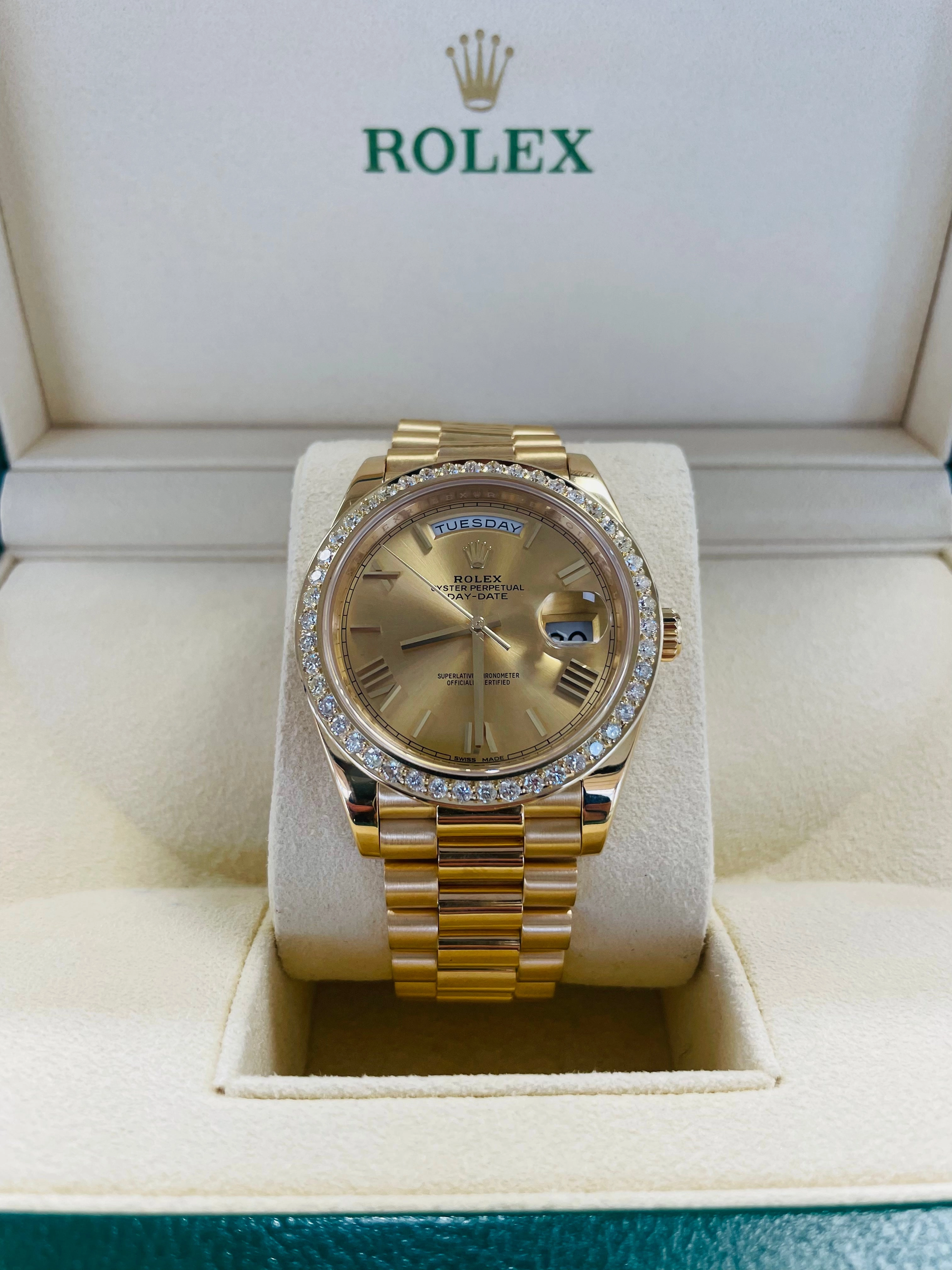 Rolex DayDate 40 228238 Champagne Roman  Dial Custom 3.50ct Natural Diamond Bezel Box and Paper PreOwned