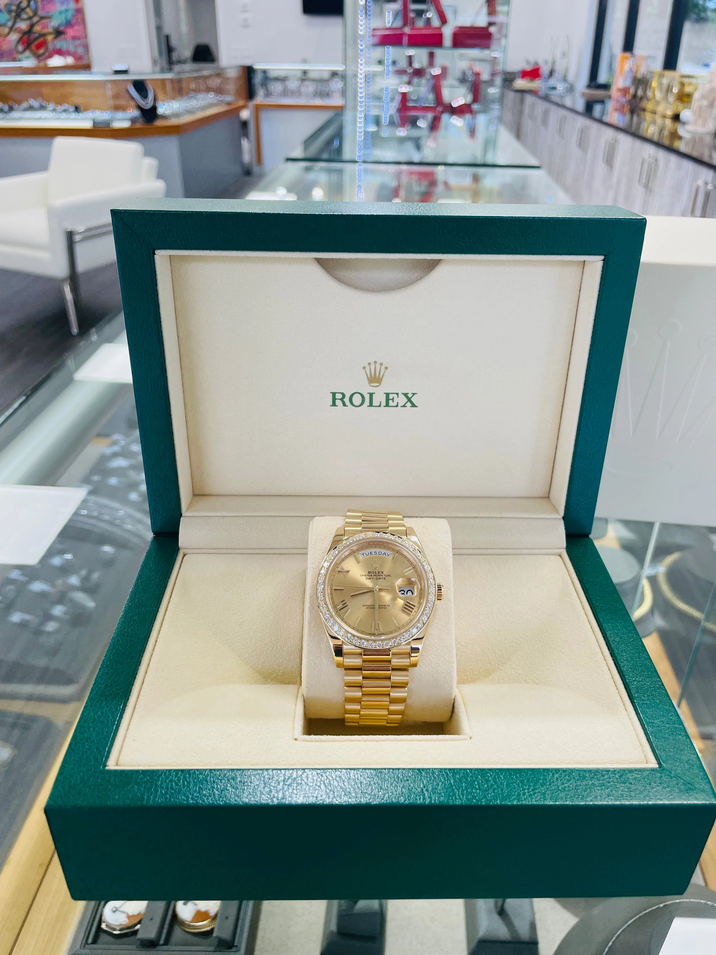 Rolex DayDate 40 228238 Champagne Roman  Dial Custom 3.50ct Natural Diamond Bezel Box and Paper PreOwned