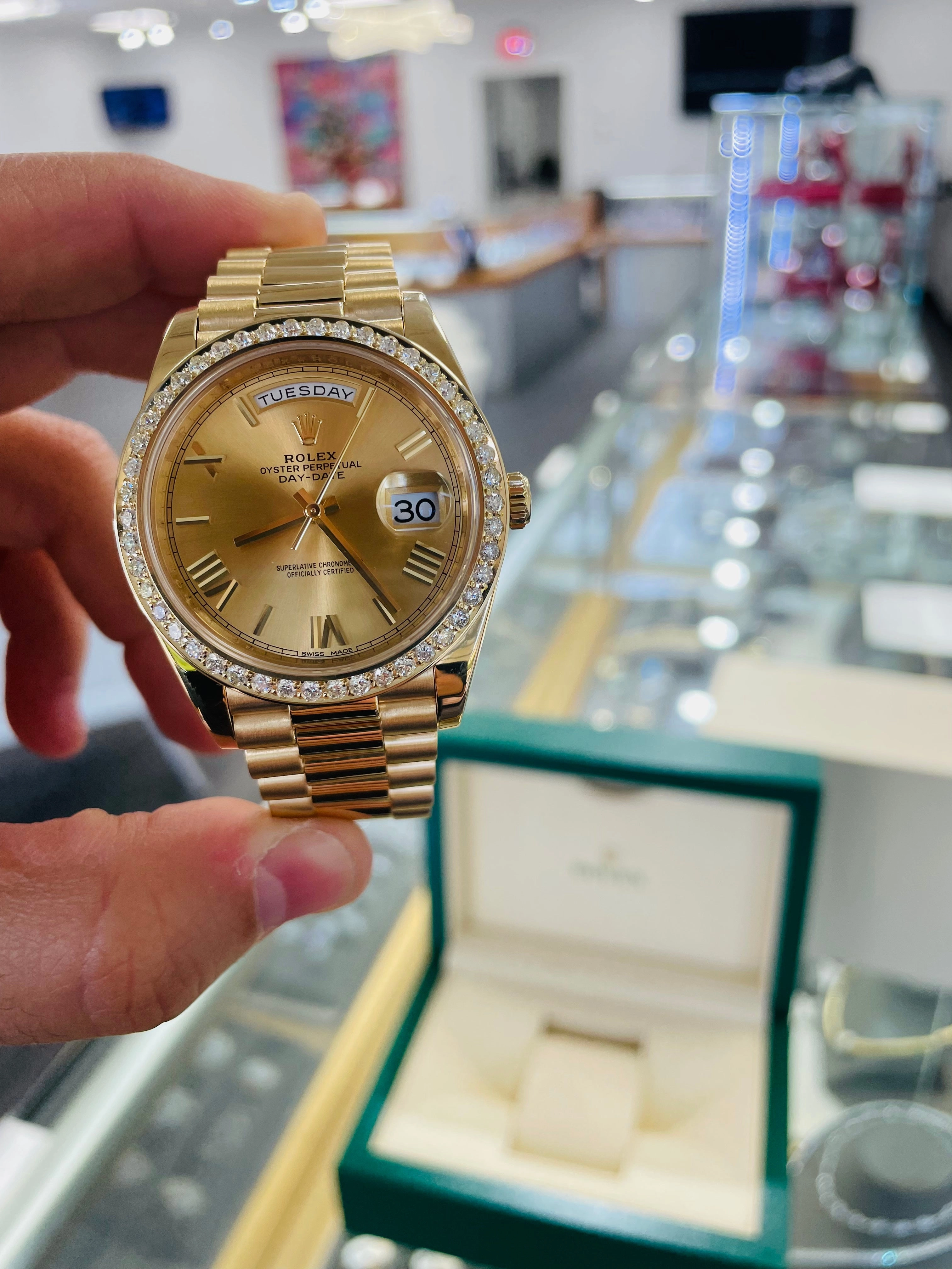 Rolex DayDate 40 228238 Champagne Roman  Dial Custom 3.50ct Natural Diamond Bezel Box and Paper PreOwned