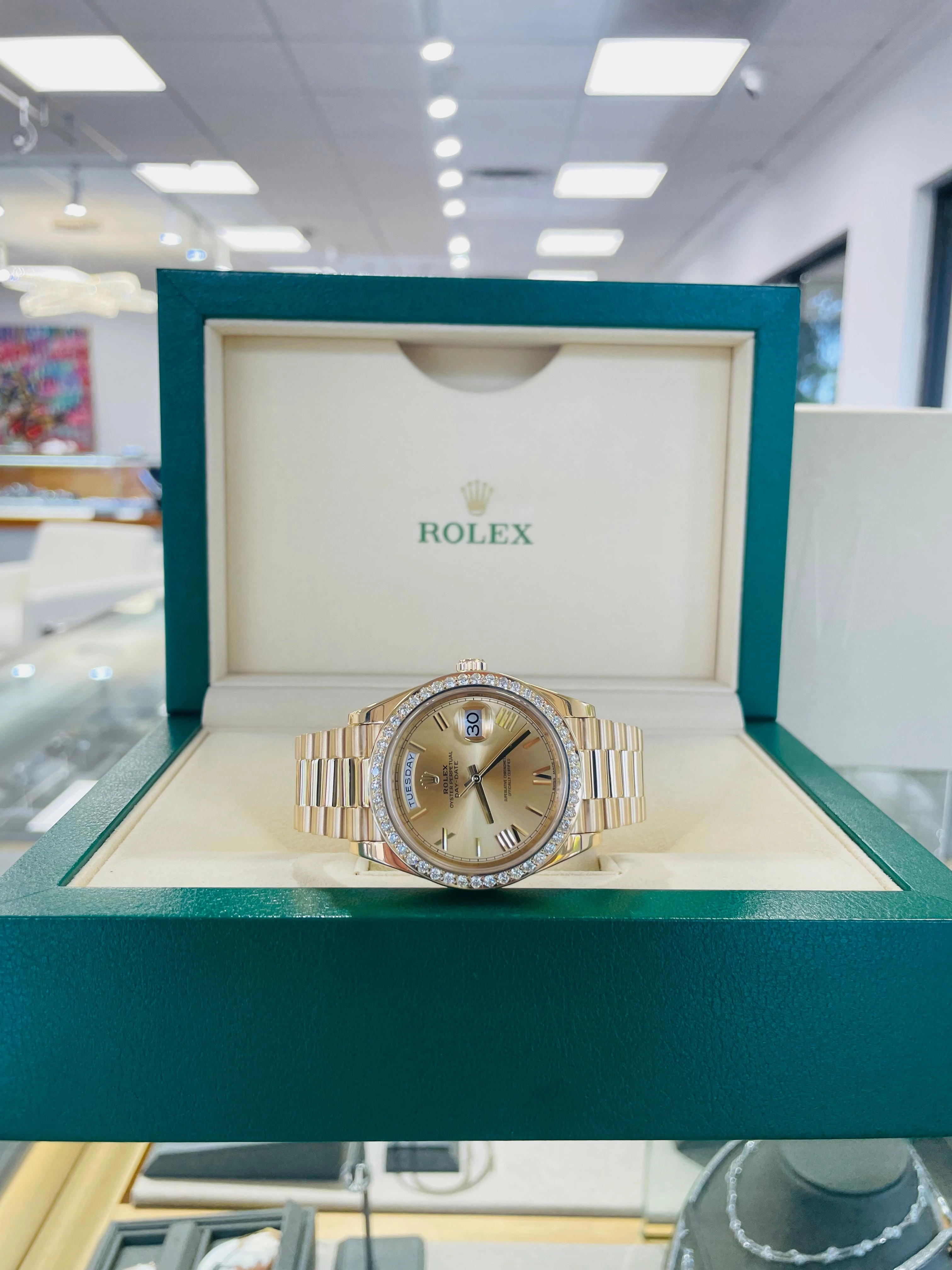 Rolex DayDate 40 228238 Champagne Roman  Dial Custom 3.50ct Natural Diamond Bezel Box and Paper PreOwned