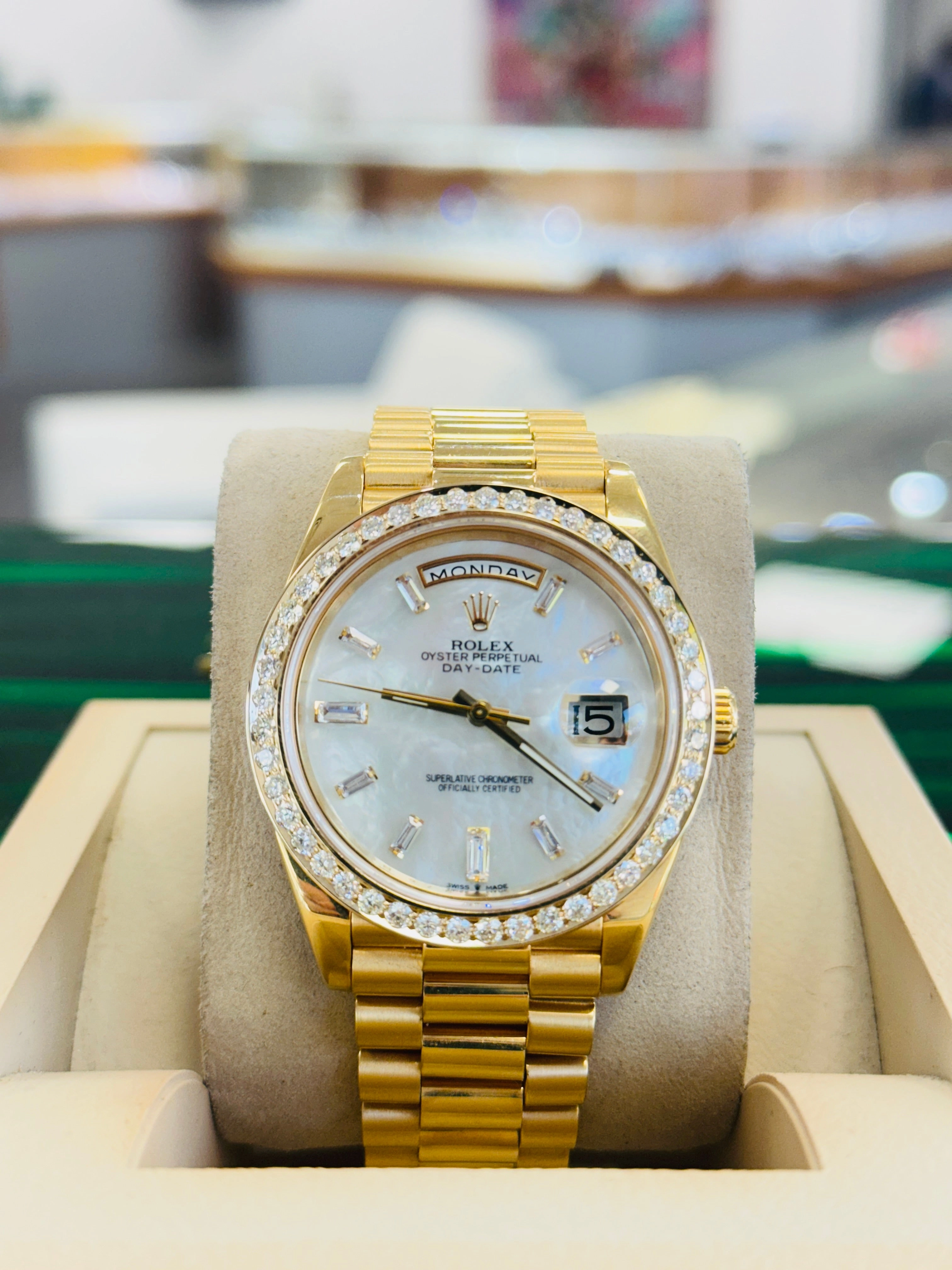 Rolex DayDate 40 228238 Custom Diamond Mother oF Pearl Dial Custom Natural Diamond Bezel  Box and Paper MINT