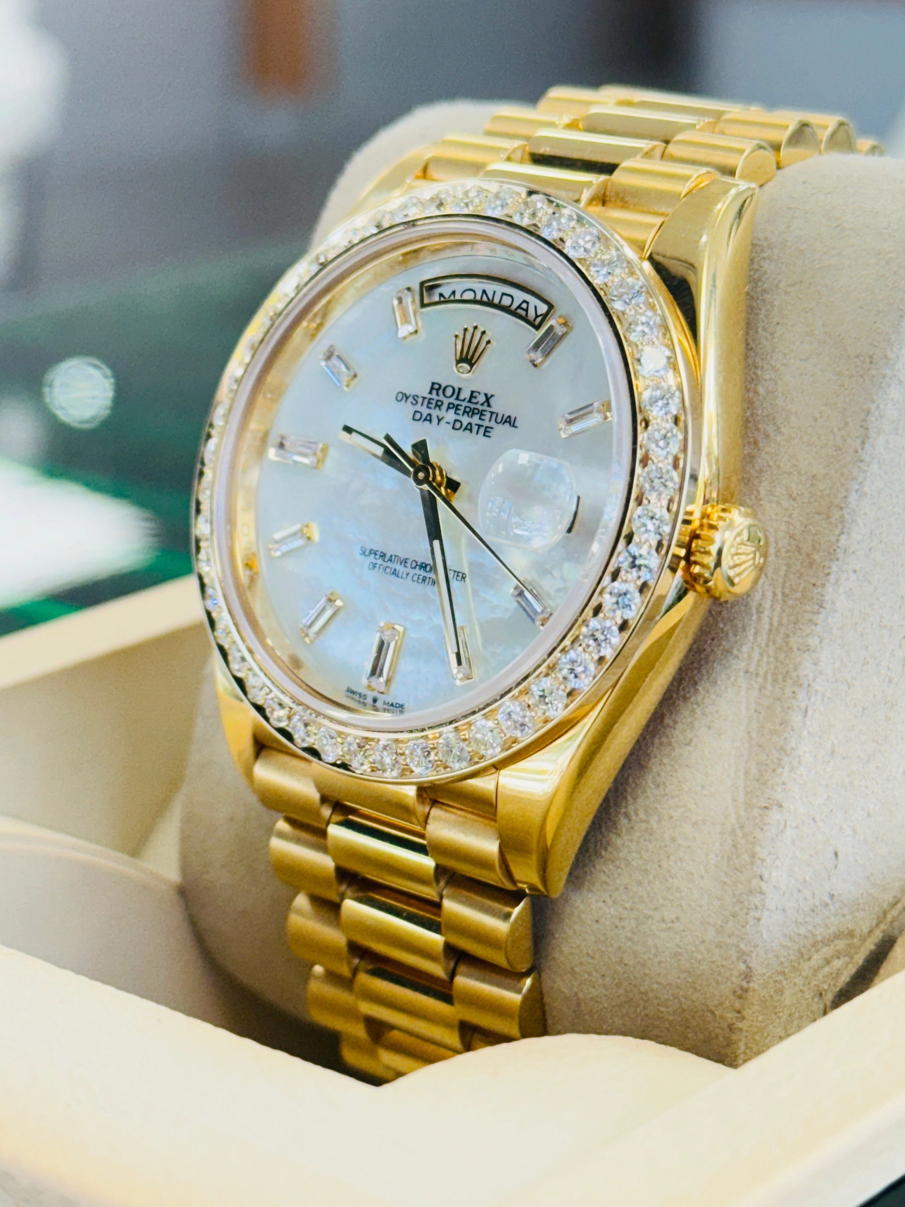 Rolex DayDate 40 228238 Custom Diamond Mother oF Pearl Dial Custom Natural Diamond Bezel  Box and Paper MINT