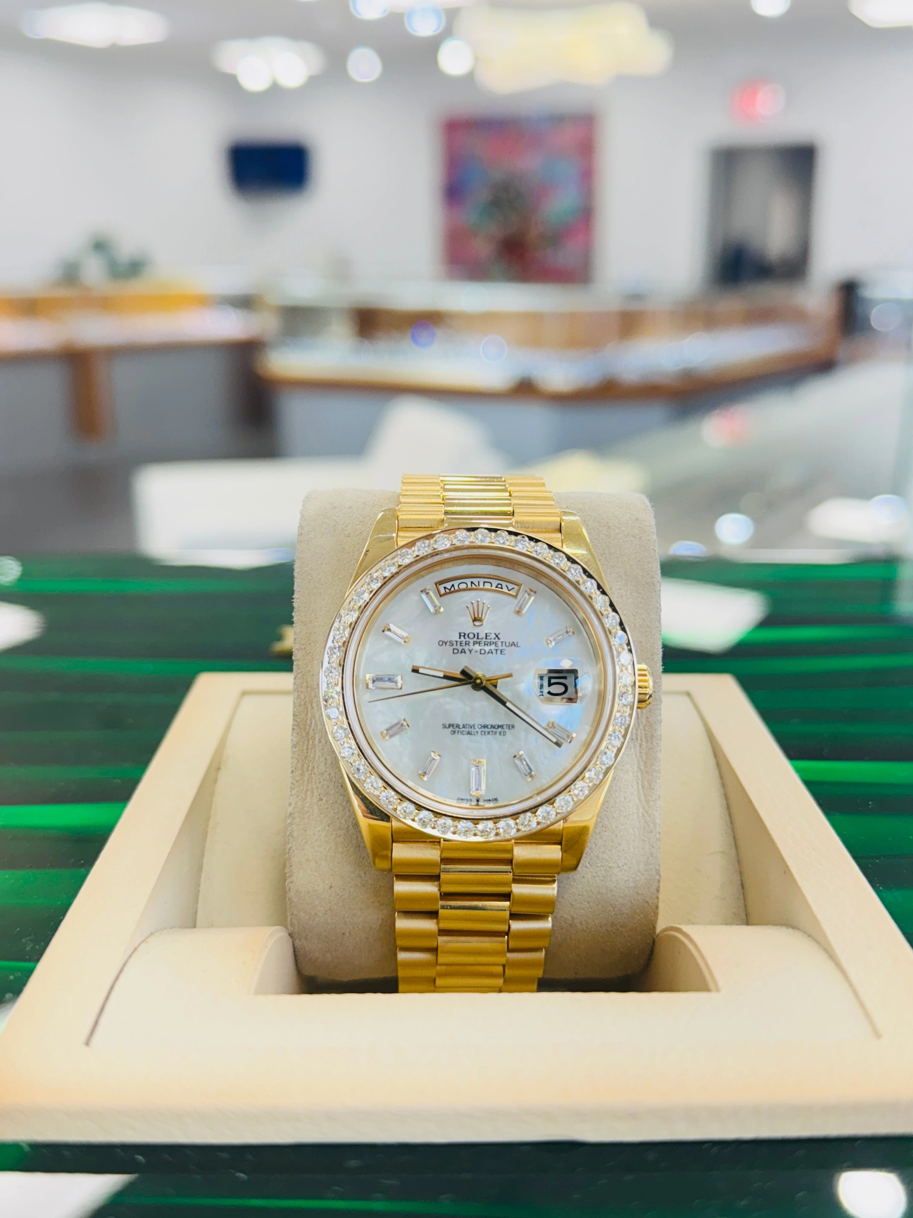 Rolex DayDate 40 228238 Custom Diamond Mother oF Pearl Dial Custom Natural Diamond Bezel  Box and Paper MINT