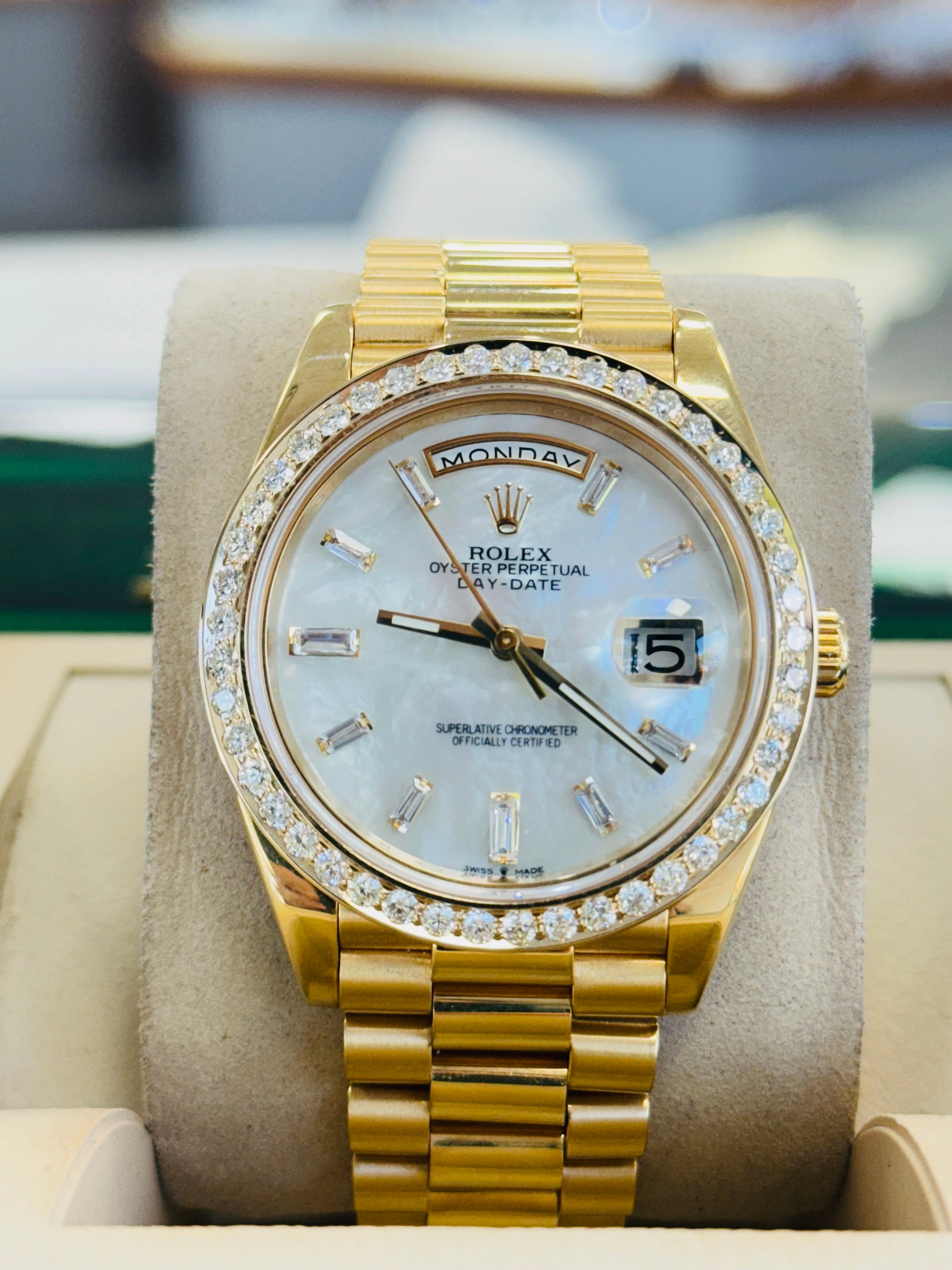 Rolex DayDate 40 228238 Custom Diamond Mother oF Pearl Dial Custom Natural Diamond Bezel  Box and Paper MINT