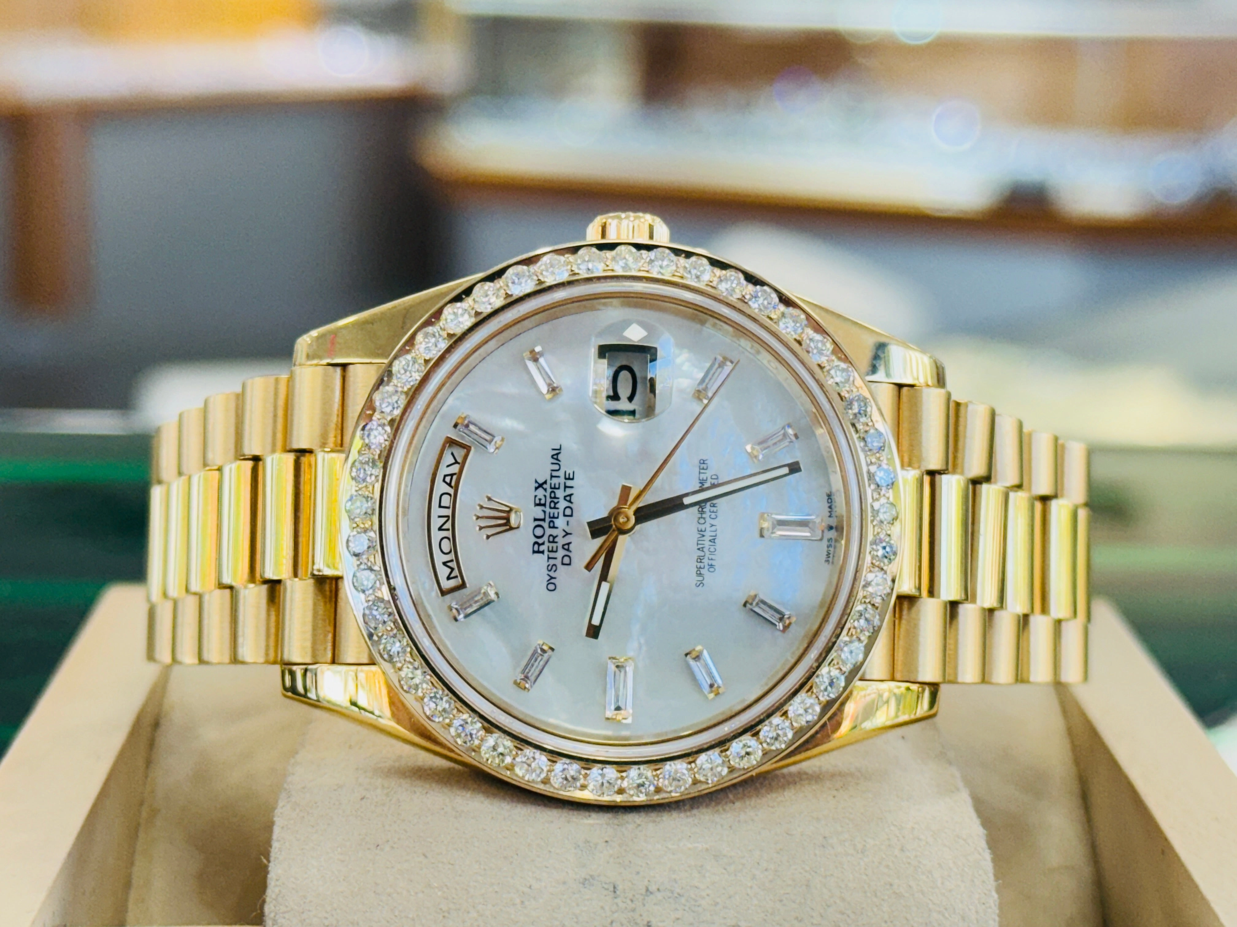 Rolex DayDate 40 228238 Custom Diamond Mother oF Pearl Dial Custom Natural Diamond Bezel  Box and Paper MINT