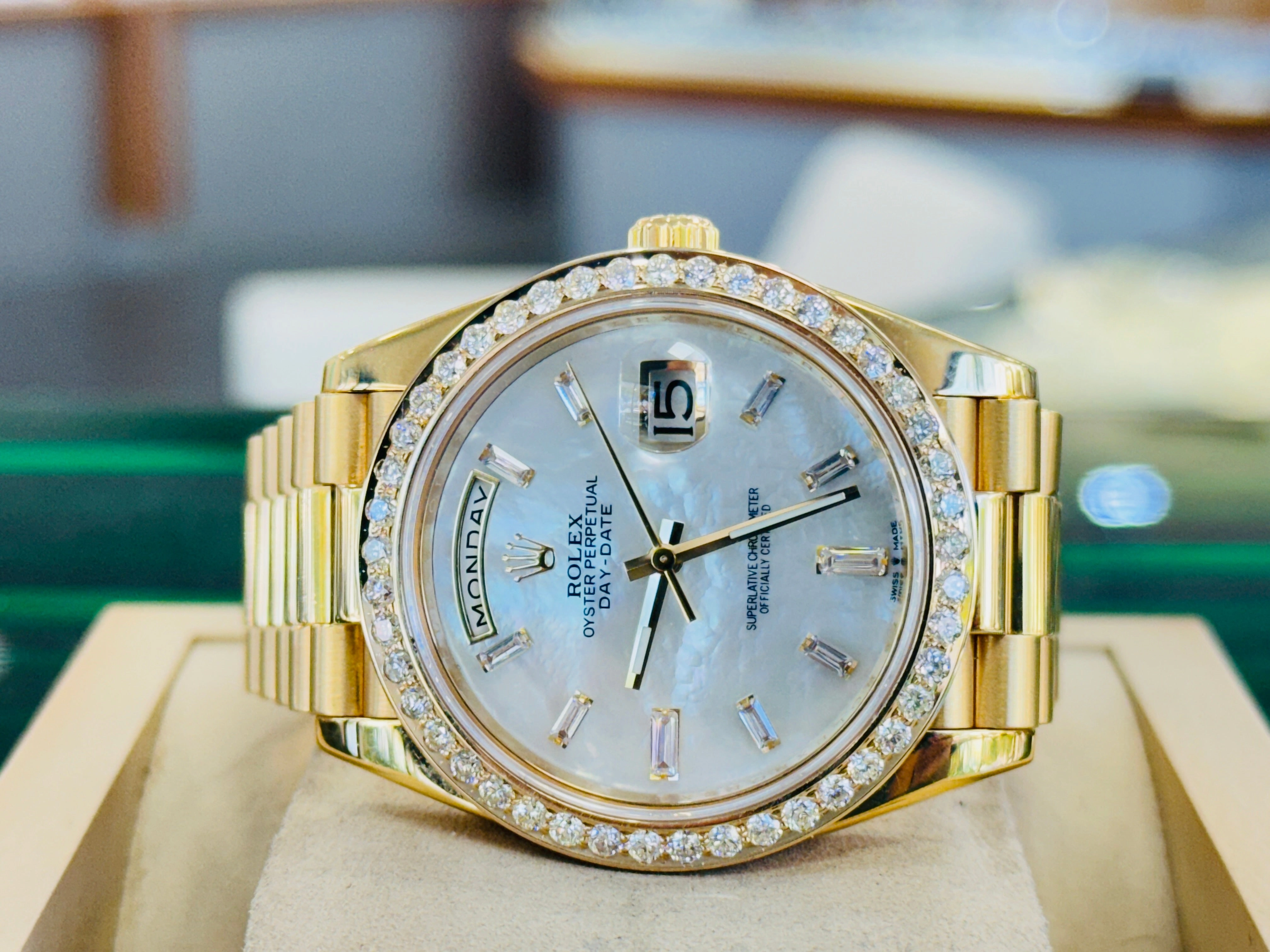 Rolex DayDate 40 228238 Custom Diamond Mother oF Pearl Dial Custom Natural Diamond Bezel  Box and Paper MINT