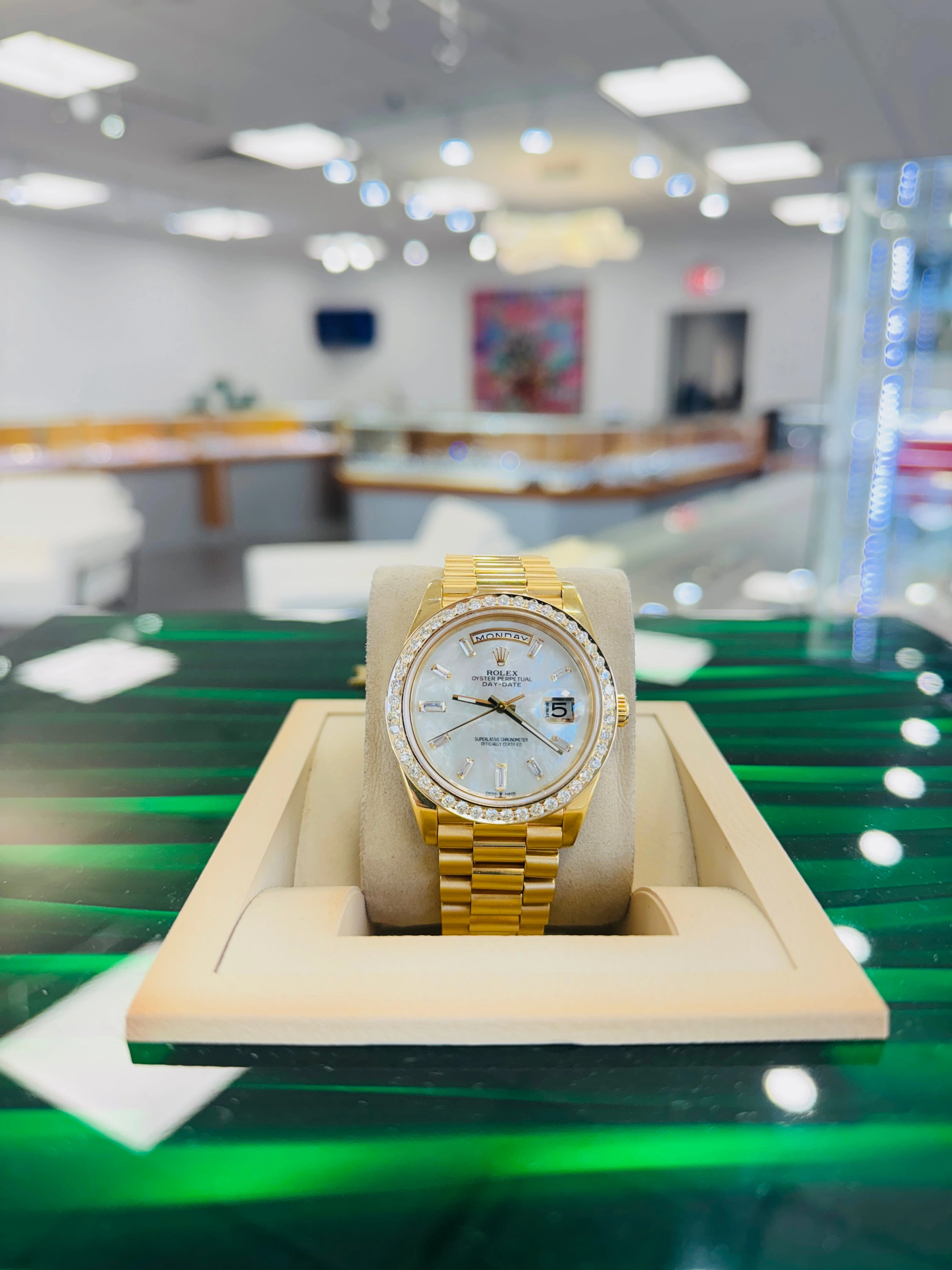 Rolex DayDate 40 228238 Custom Diamond Mother oF Pearl Dial Custom Natural Diamond Bezel  Box and Paper MINT