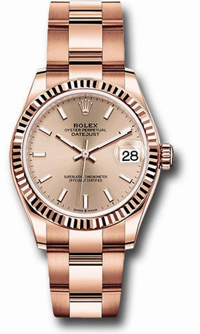 Rolex Everose Gold Datejust 31 Watch - Fluted Bezel - Ros Index Dial - Oyster Bracelet 278275 rsio