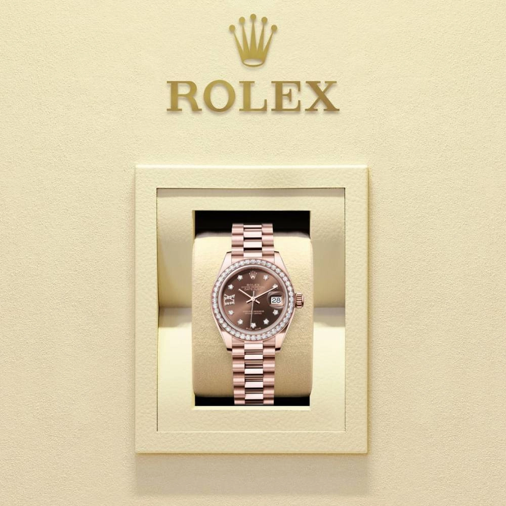 Rolex Lady Datejust 28mm - Ref: 279135rbr-0001 - Chocolate Diamond Dial & Diamond Bezel, 18K Rose Gold President Bracelet Women's Watch