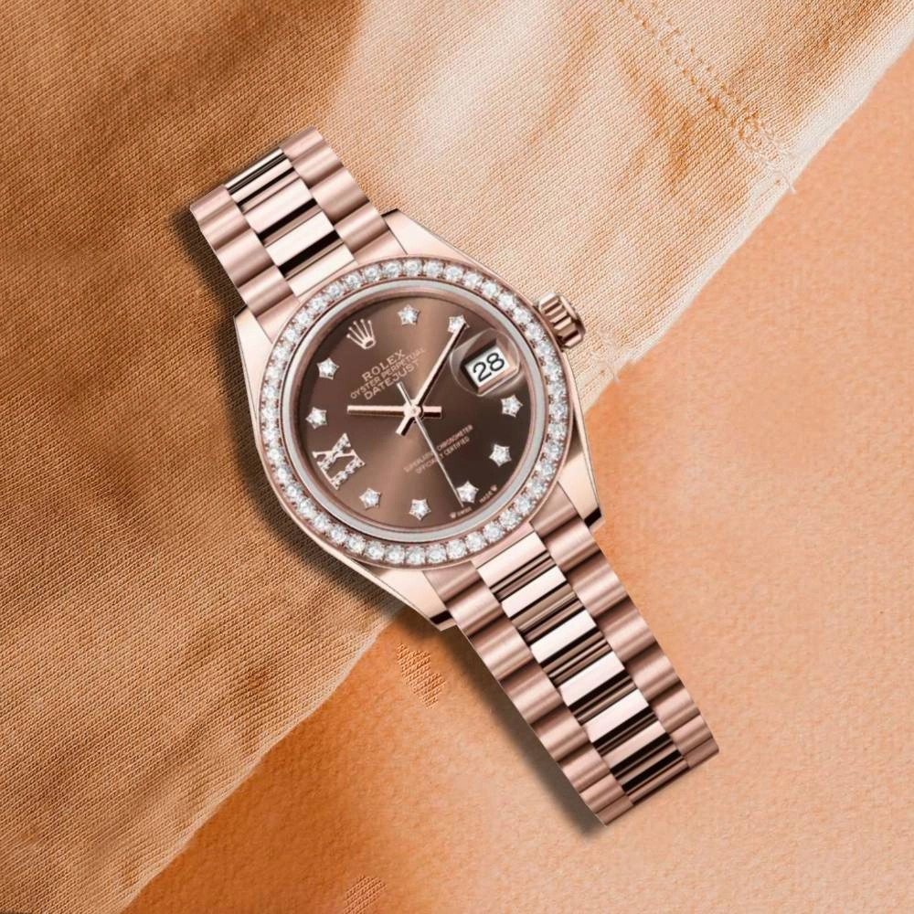Rolex Lady Datejust 28mm - Ref: 279135rbr-0001 - Chocolate Diamond Dial & Diamond Bezel, 18K Rose Gold President Bracelet Women's Watch