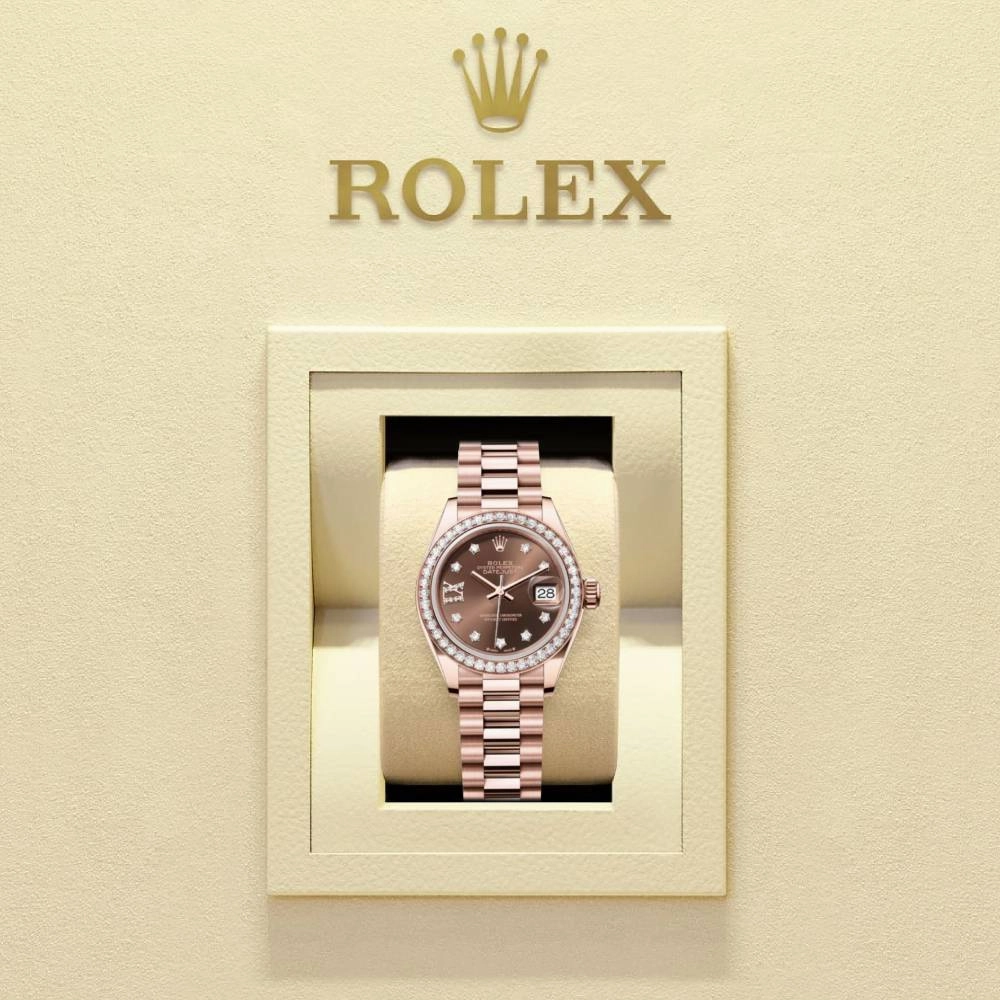 Rolex Lady Datejust 28mm - Ref: 279135rbr-0001 - Chocolate Diamond Dial & Diamond Bezel, 18K Rose Gold President Bracelet Women's Watch
