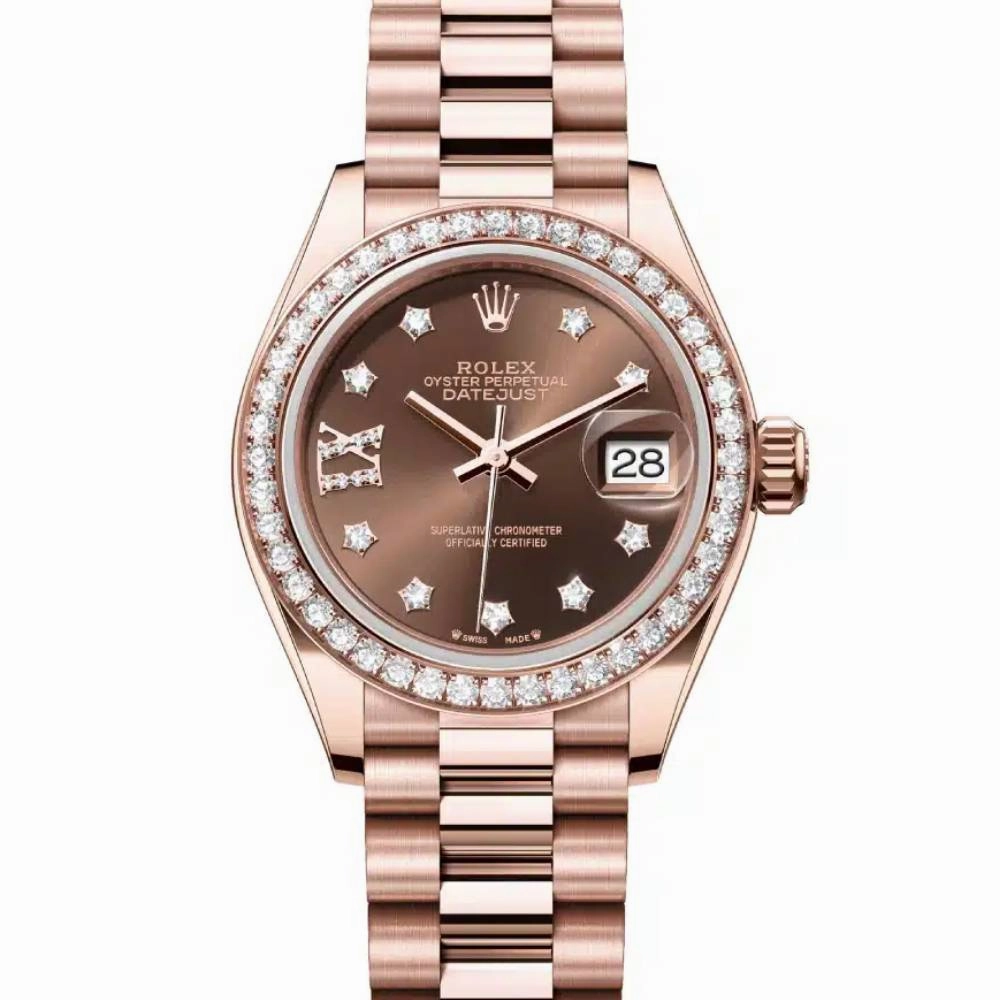 Rolex Lady Datejust 28mm - Ref: 279135rbr-0001 - Chocolate Diamond Dial & Diamond Bezel, 18K Rose Gold President Bracelet Women's Watch
